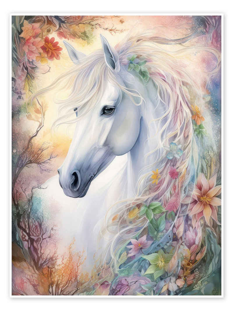 Posterlounge Poster Dolphins DreamDesign, Traumhaftes Pferd mit Blumenmähne, Kinderzimmer Digitale Kunst