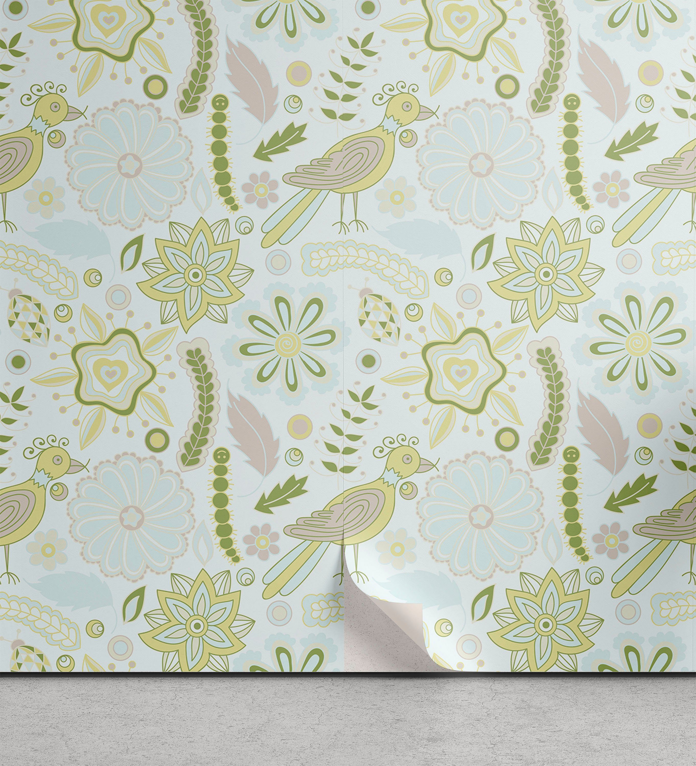 Abakuhaus Vinyltapete selbstklebendes Wohnzimmer Küchenakzent, Raupe Gekritzel-Blumen-Vögel