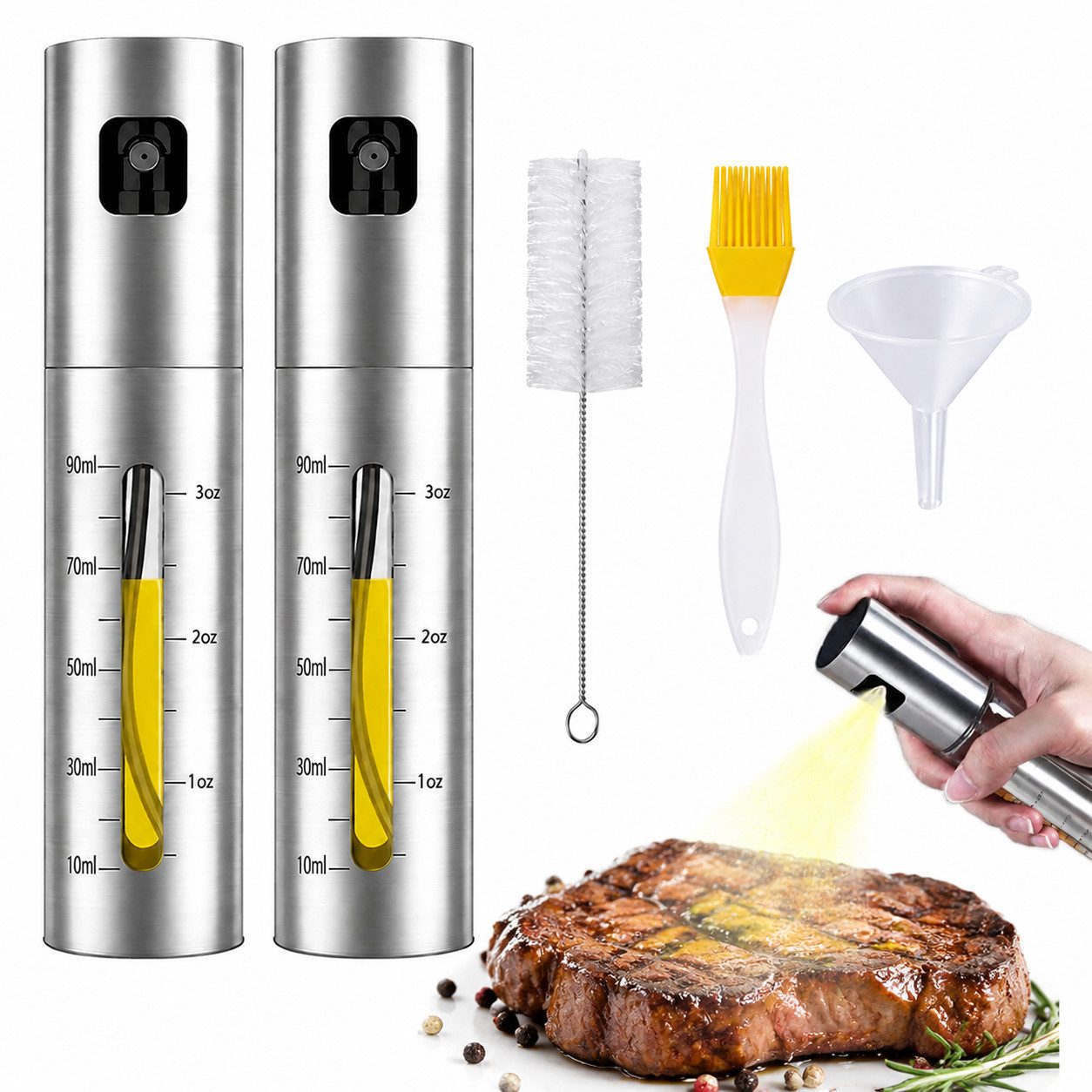ibettertec Ölspender Edelstahl Ölspender 2er Set 100ml, Öl Sprüher mit Messskala, (Hochwertiger Ölzerstäuber aus Edelstahl, rostfrei und langlebig, 2-tlg., für Küche, BBQ, Backen und Salate), mit 1 Ölpinsel, 1 Trichter und 1 Reinigungsbürste, für Öl