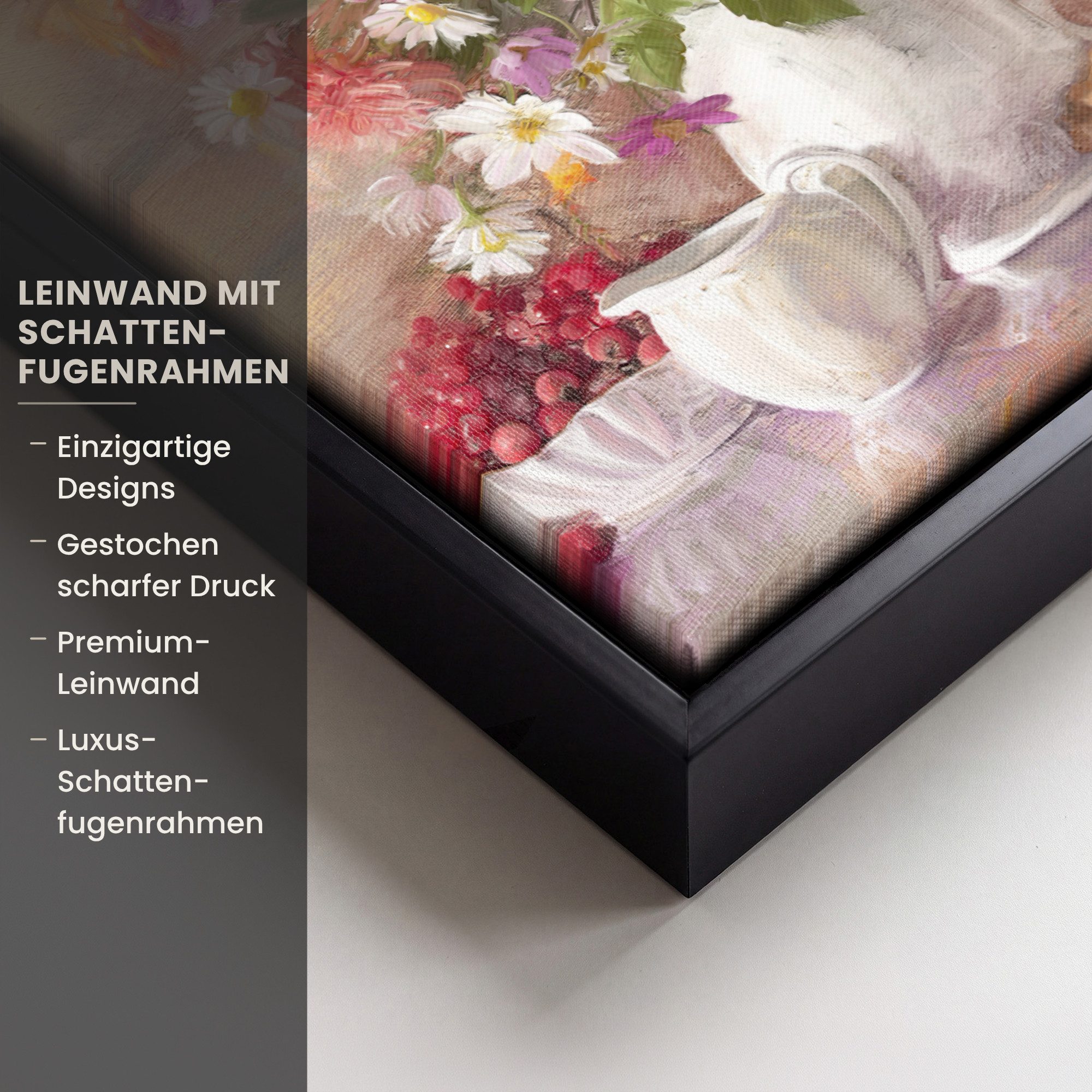 OneMillionCanvasses® Leinwandbild mit Rahmen - Kunstdrucke - Blumen - Vase - Ölfarbe, Fotodruck (1 St), Vintage Deko Bilder Wohnzimmer, Wanddeko Retro, 20x20cm