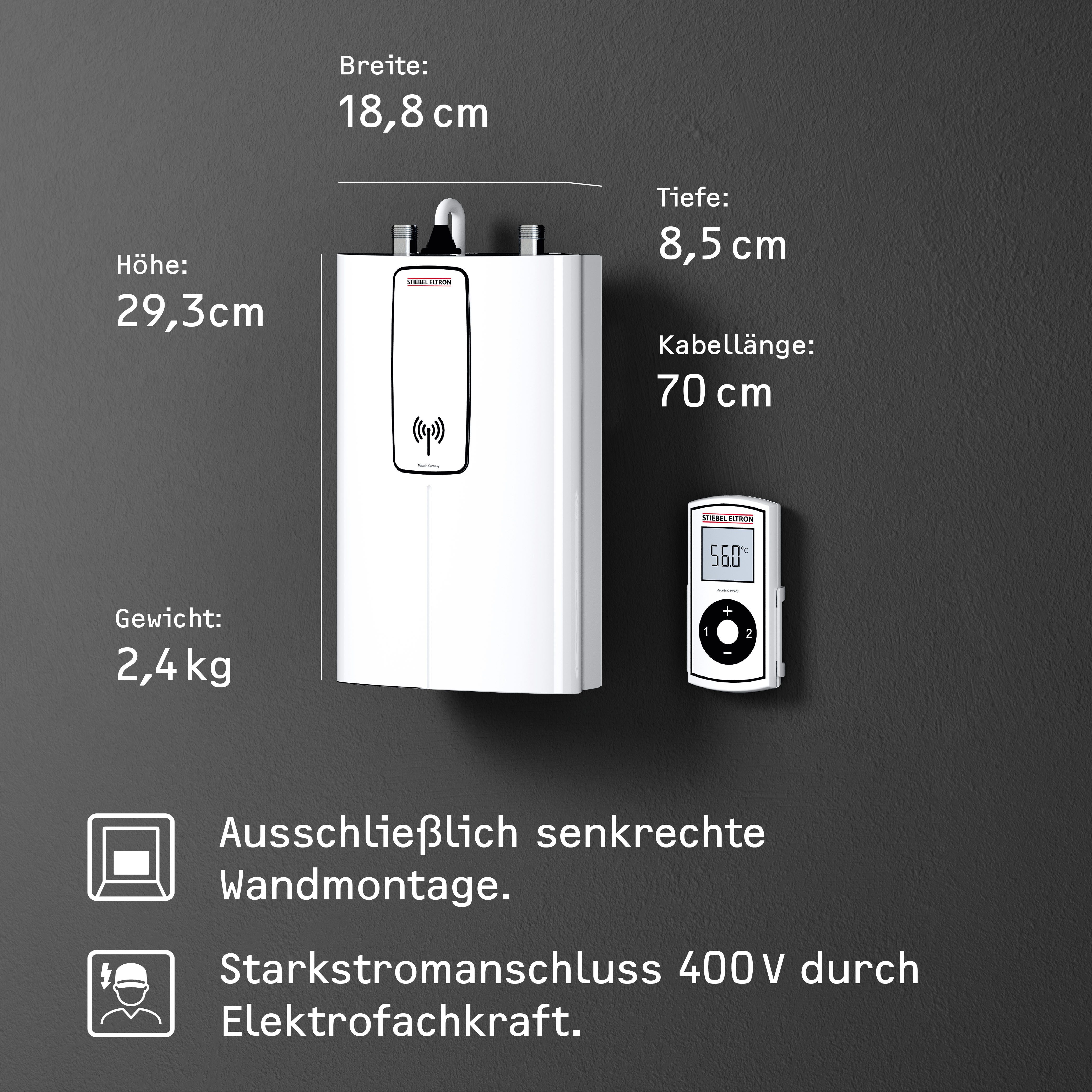 STIEBEL ELTRON Kompakt-Durchlauferhitzer DCE 11/13 RC, elektronisch, min. 35 °C, max. 70 °C, 3i Technologie für konstante Warmwassertemperatur, mit Fernbedienung