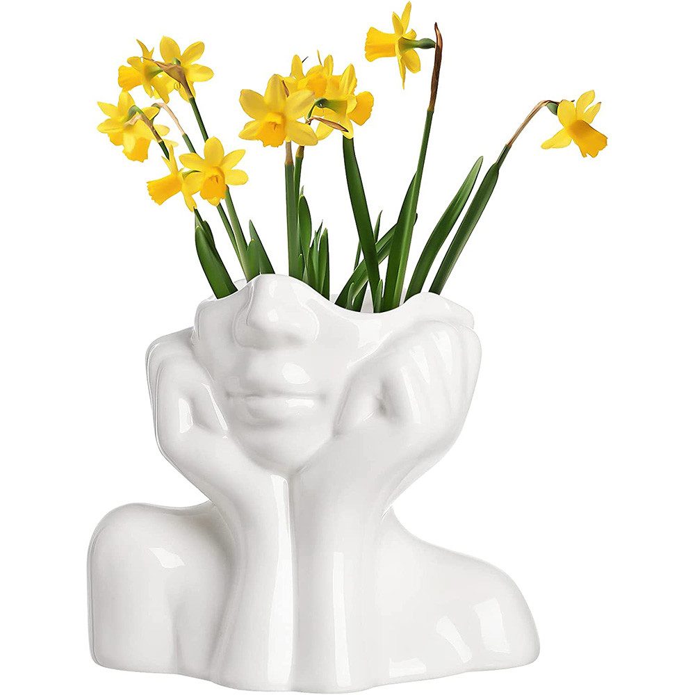 TUWENA Dekovase Keramikvase mit Gesicht, weiße Blumenvasen zur Dekoration