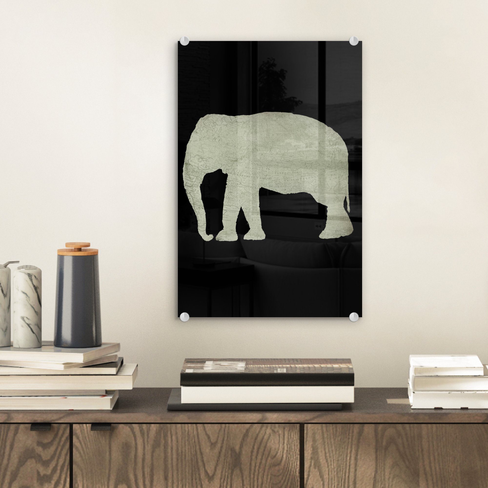 (1 auf Retro, Glas auf - - - - Glas Wandbild Wanddekoration Elefant Karte Bilder MuchoWow - Glasbilder St), Foto Acrylglasbild