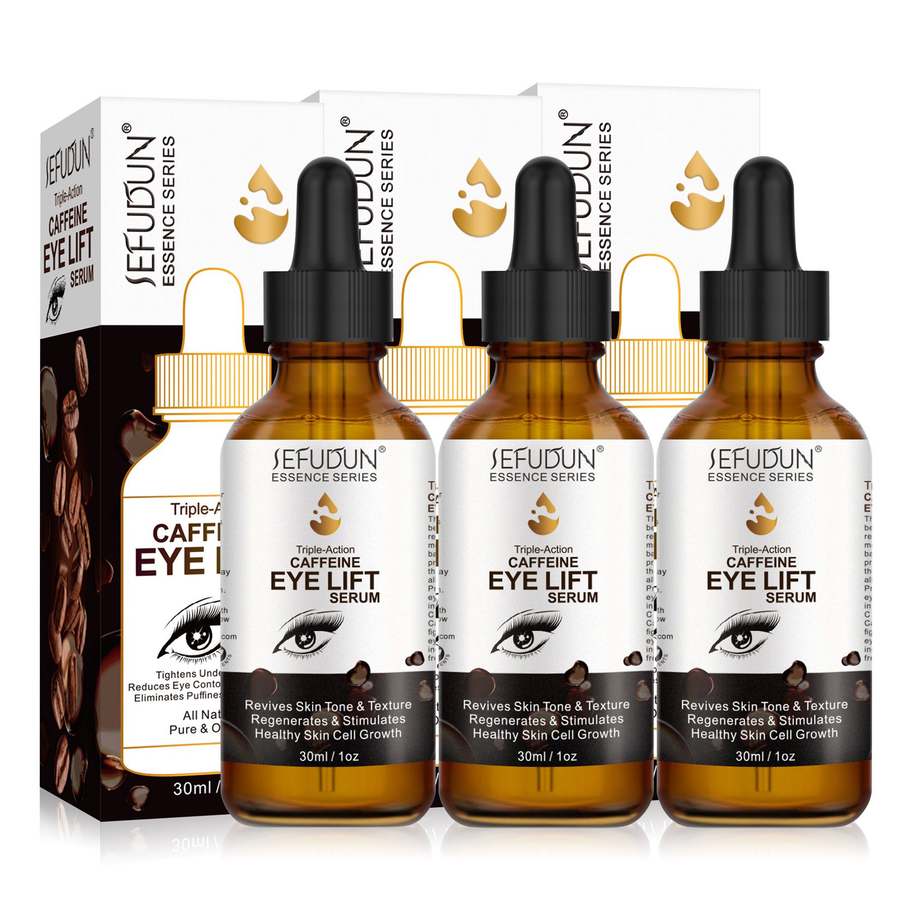 ALIVER Gesichtsserum Augenserum Augencreme Koffein Kollagen Hyaluronic Acid Anti-Aging, 3-tlg., Falten, Fatigue/Müdigkeit, Flüssigkeitszufuhr, Schwellungen, Straffung