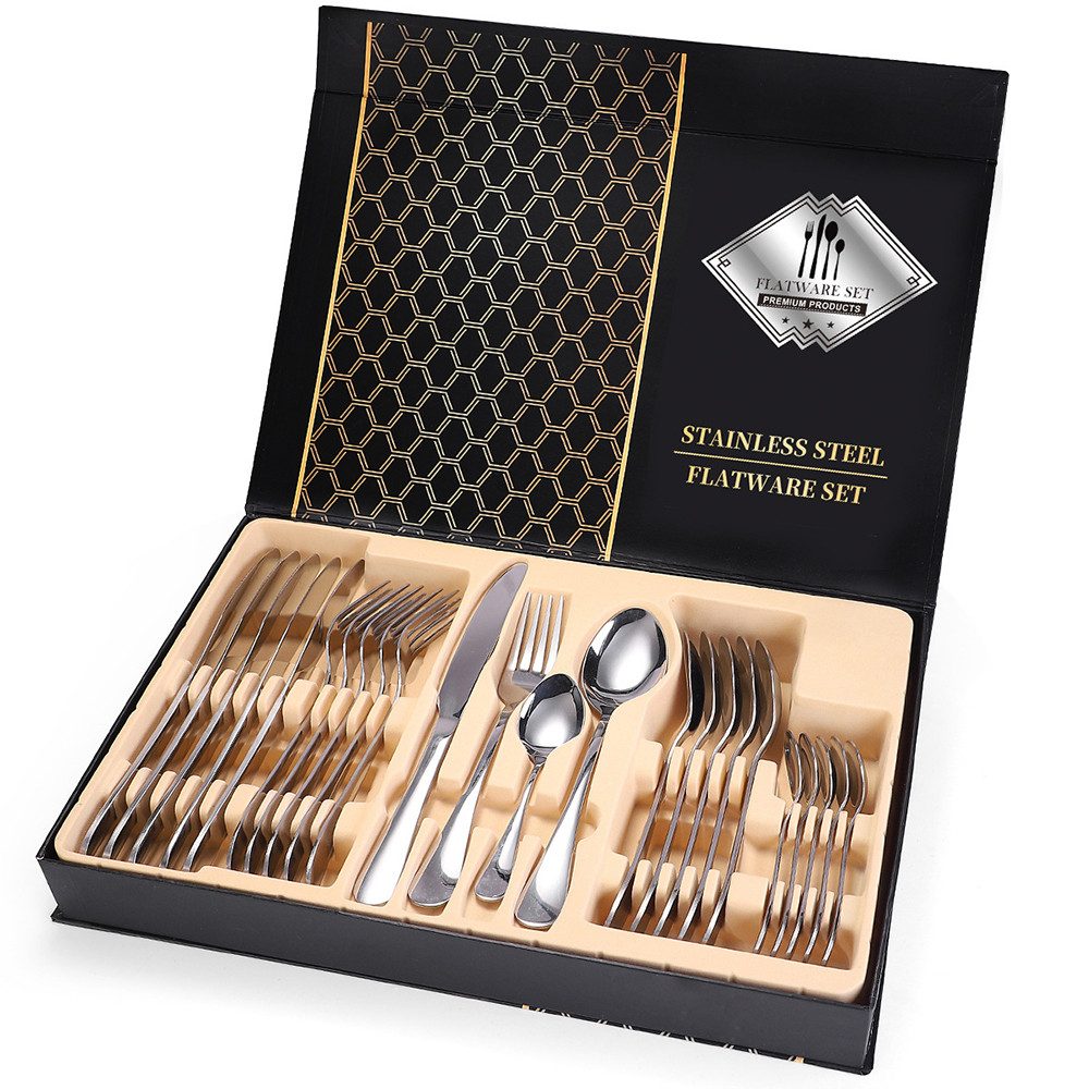 HAUSS SPOLE Besteck-Set Besteck-set Messer Tafelbesteck mit Box,Teelöffel Gabel Esslöffel (24-tlg), 6 Personen, Edelstahl, mit Messern Gabeln Löffeln Teelöffeln, rostfrei, spülmaschinenfest