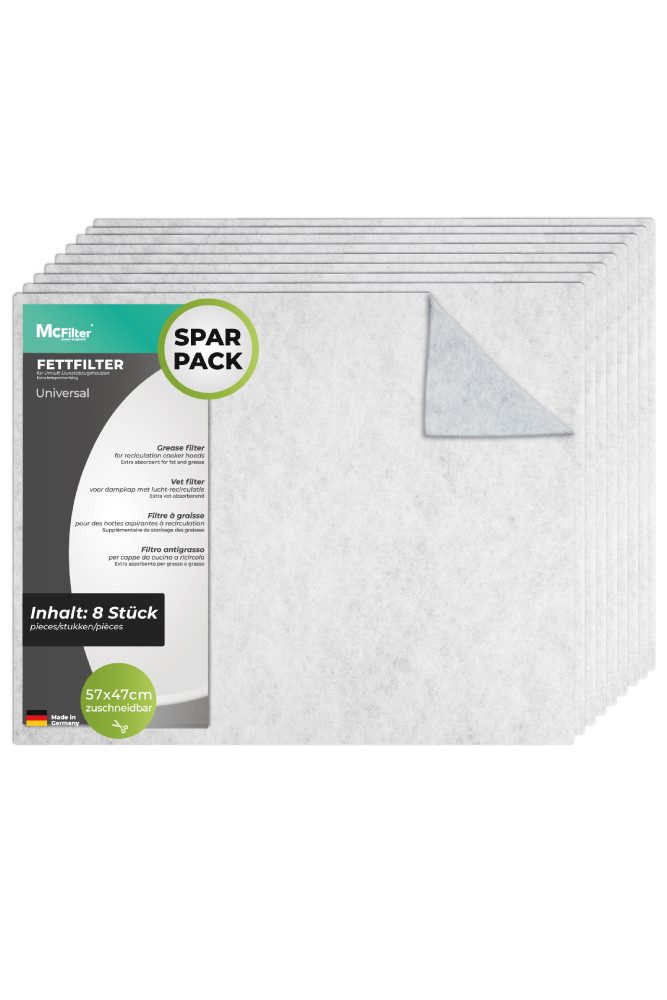 McFilter Fettfilter (8 Stück) Universal Dunstfilter Filter 57 x 47cm, Zubehör für alle handelsüblichen Dunstabzugshauben, extra speicherfähig, zuschneidbar, Schwer entflammbar nach DIN 53438