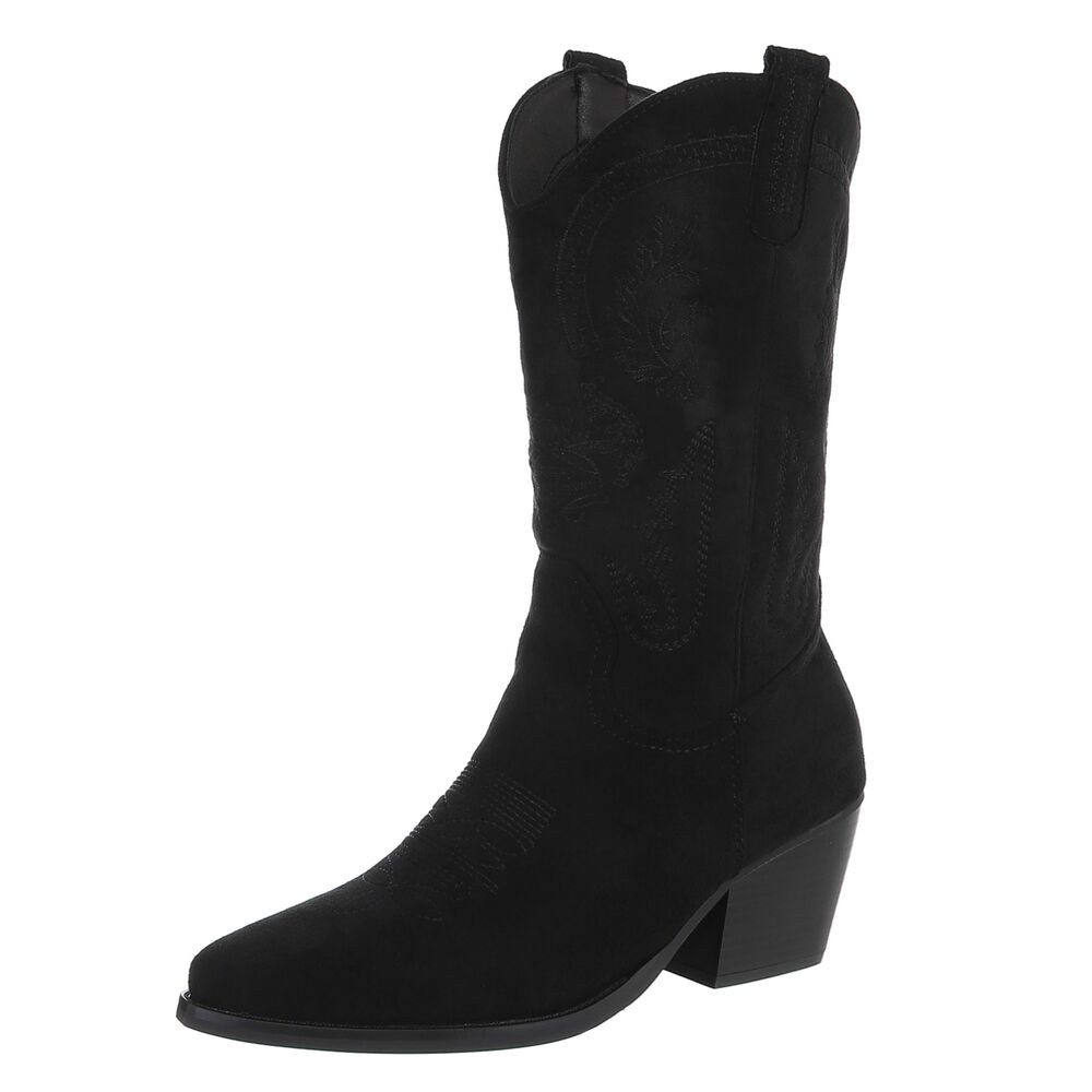 Ital-Design Damen Cowboystiefel Kniehoch Wildleder-Optik Blockabsatz Westernstiefel (92157751) Blockabsatz Stiefel in Schwarz
