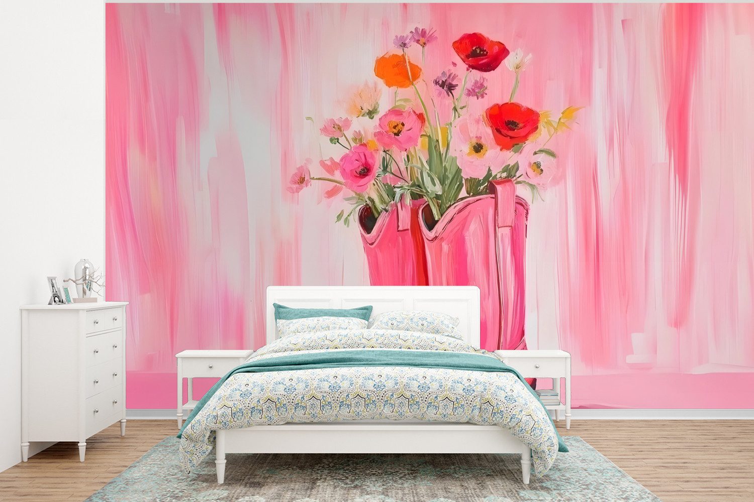 MuchoWow Fototapete Rosa - Blumen - Cowboy, Matt, bedruckt, Vliestapete für Wohnzimmer Schlafzimmer Küche, Fototapete, 375x280 cm