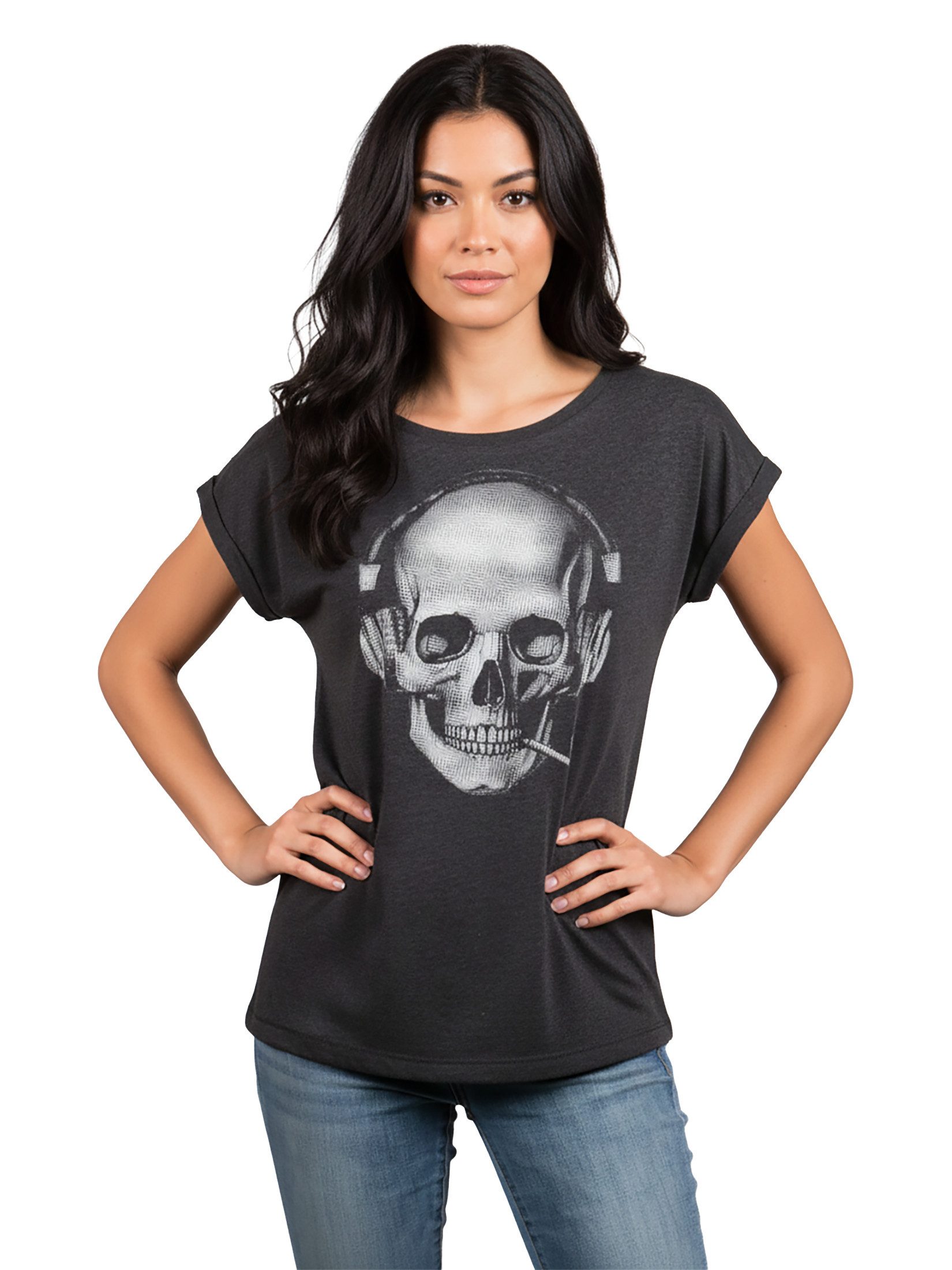 MAKAYA Print-Shirt Damen Cooles T-Shirt mit Totenkopf Design Skull Top - Aufdruck Gothic (Kurzarm, Rundhals, Schwarz, Blau, Grau) große Größen