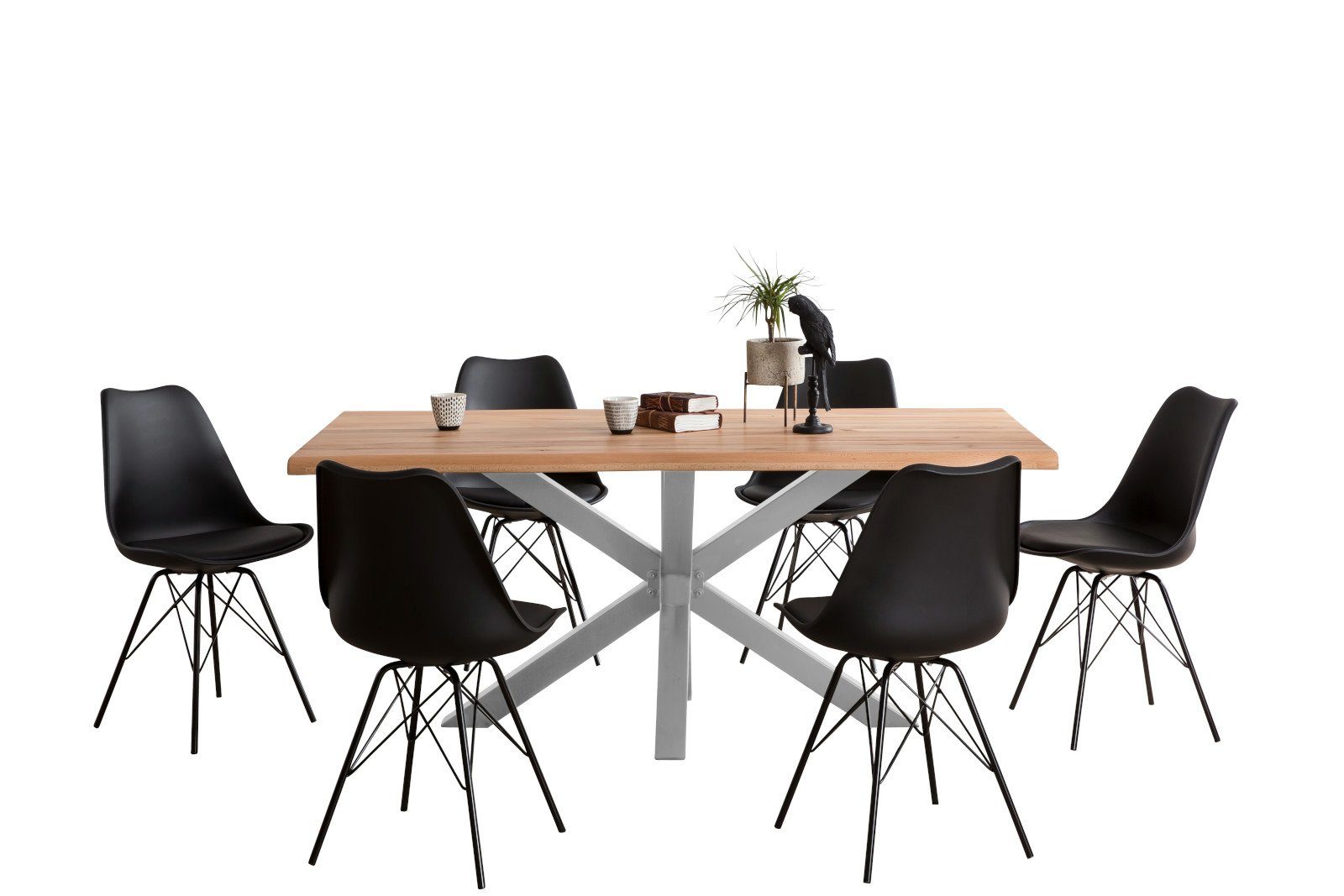 SAM® Essgruppe Portmore, Wildbuche, naturfarben, Baumkante, Metallgestell und 6 Stühle