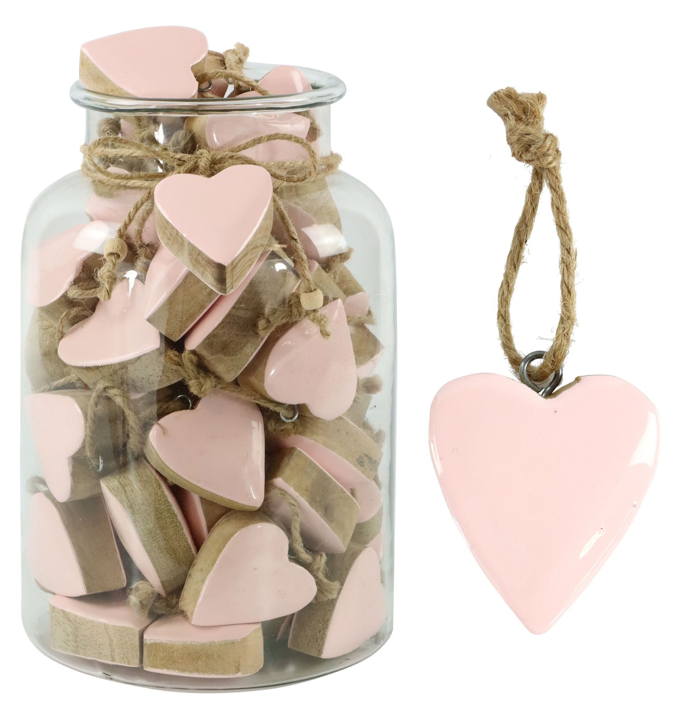 FURNARO Dekohänger (61-tlg), Glas mit Herzhängern in rose, aus Mangoholz mit Juteband, Handbemalt