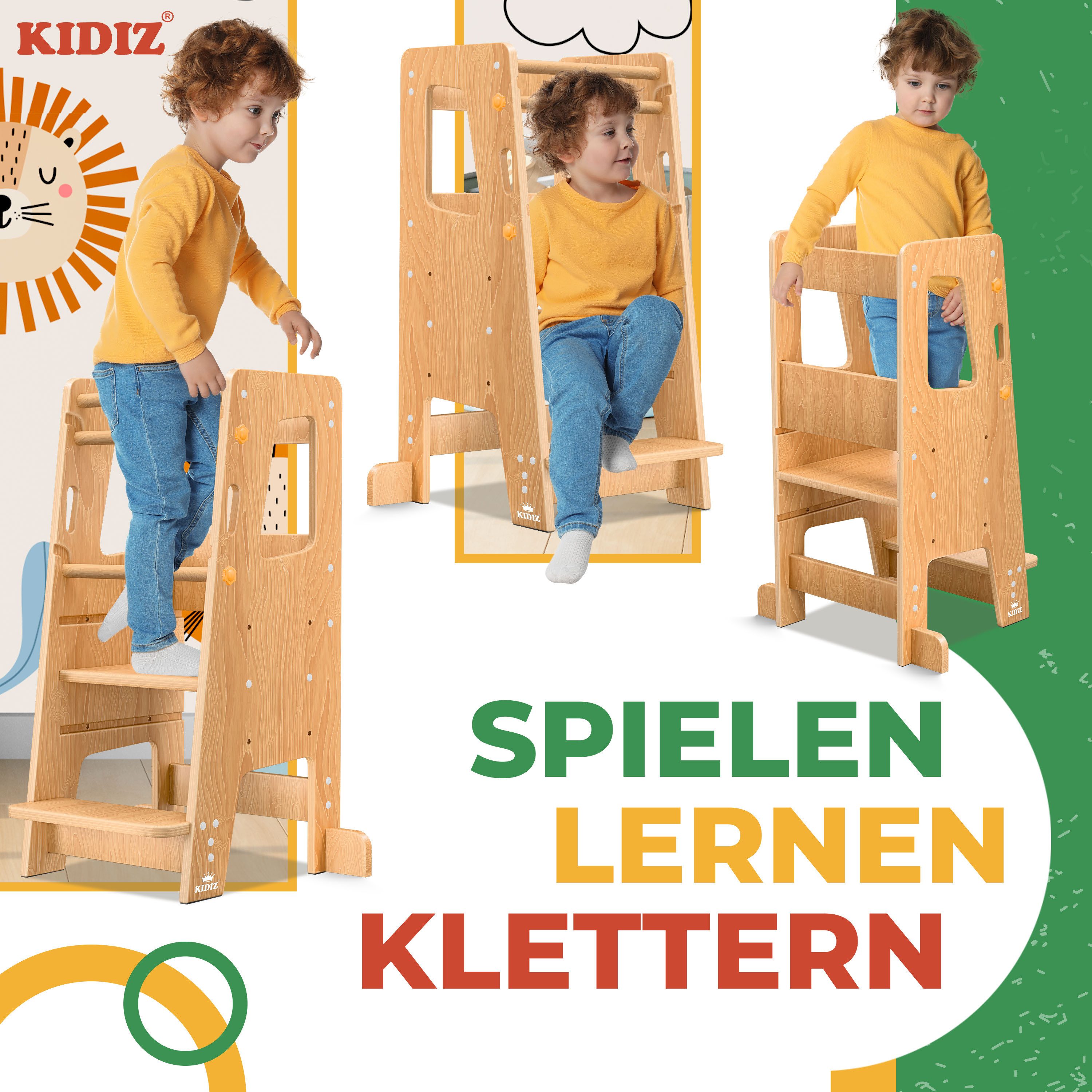 KIDIZ Stehhilfe (Tritthocker inklusive Lernuhr & abnehmbarer Anti-Kipp-Schutz), 3-stufig Höhenverstellbar, spielerisch motorische Fähigkeiten fördern – Bild 5 von 5