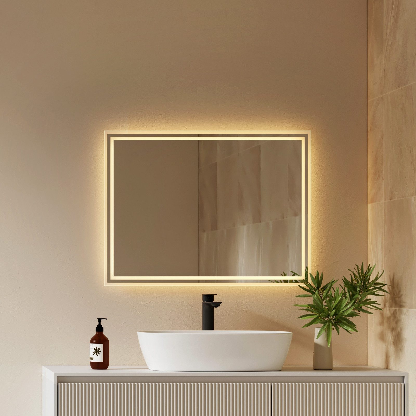 EMKE Badspiegel mit Beleuchtung und Beleuchtung,LED Spiegel mit 2 Lichtfarben dimmbar (Vertikal Horizontal möglich, Beschlagfrei, 2 Lichtfarben), Wandspiegel IP44