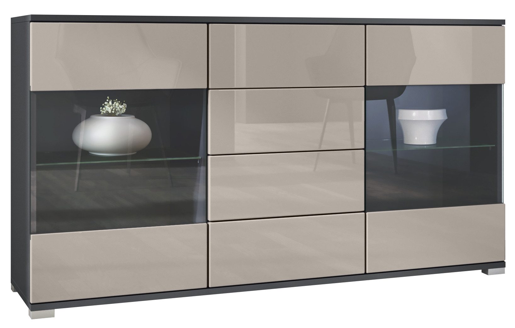 Vladon Sideboard Bari V1 (Kommode mit 2 Türen, 4 Schubladen und 2 flexible Glaseinlegeböden), Anthrazit matt/Sandgrau Hochglanz (138,5 x 75,5 x 35)