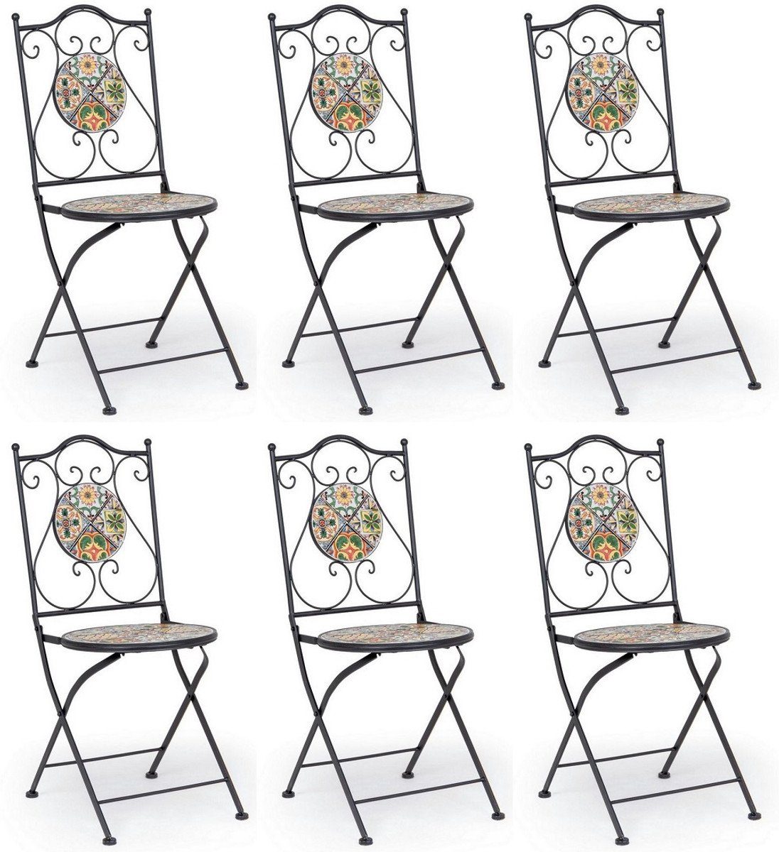 Casa Padrino Gartenstuhl Jugendstil Gartenstuhl 6er Set Schwarz / Mehrfarbig 39 x 47 x H. 92 cm - Klappbare Stühle mit Keramik Platten - Nostalgische Garten & Gastronomie Möbel | Stühle