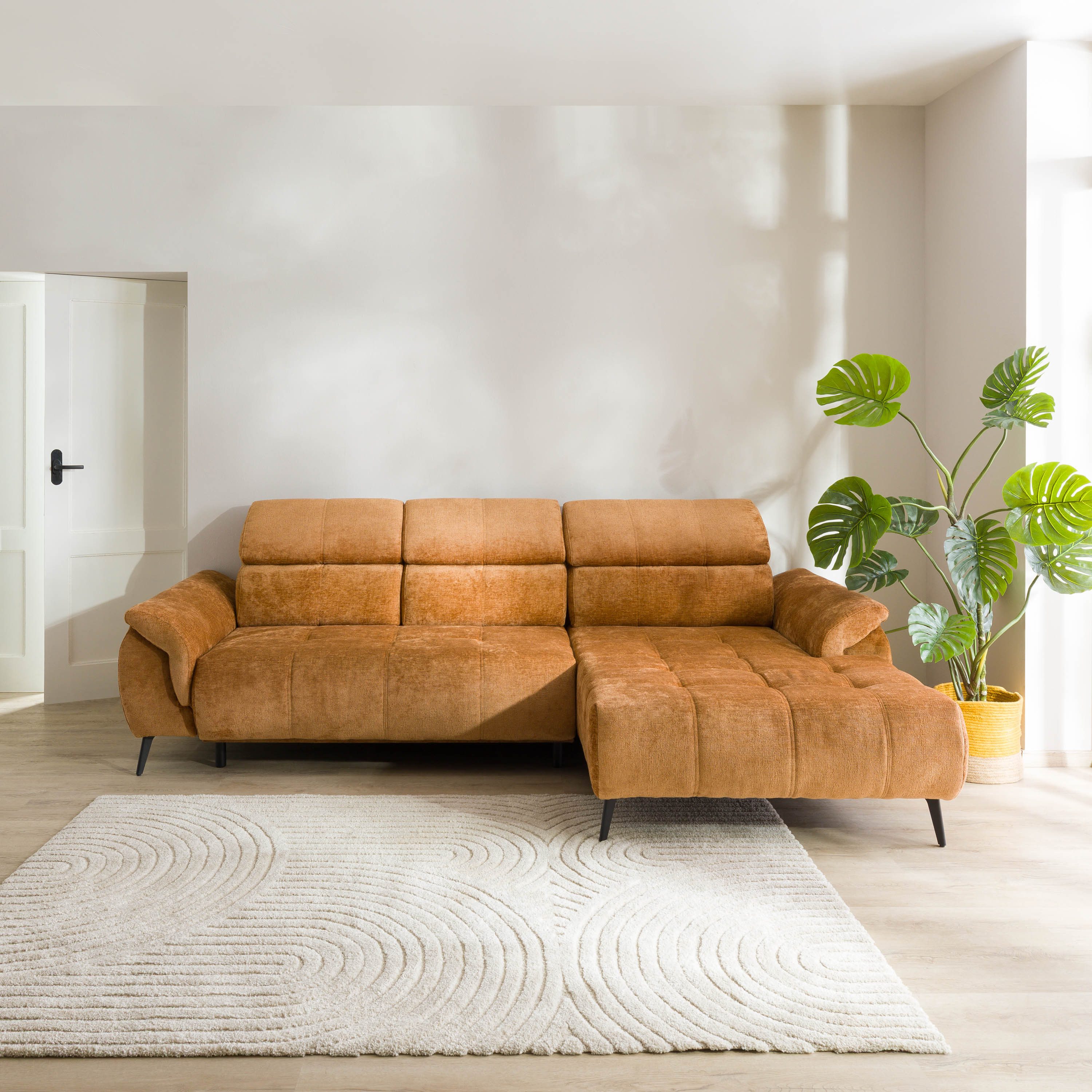 LIVORA Ecksofa SOFAS, Ecksofa Ottomane rechts Chenille 286x184x79 rostfarben VALENTINA