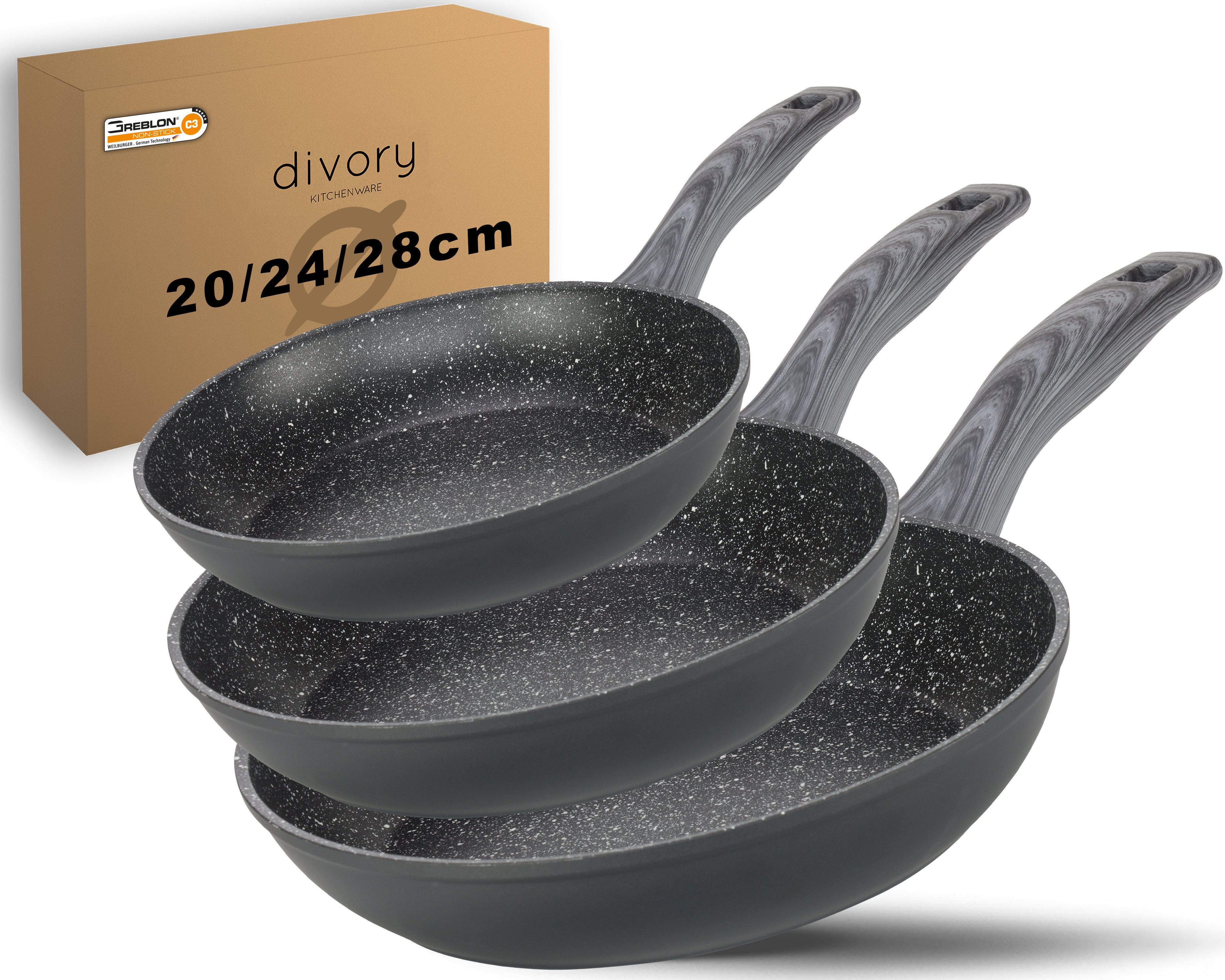 divory Pfannen-Set 3-tlg, Antihaftbeschichtung, alle Herdarten (Set: 20, 24, 28 cm), Aluminium, Induktion