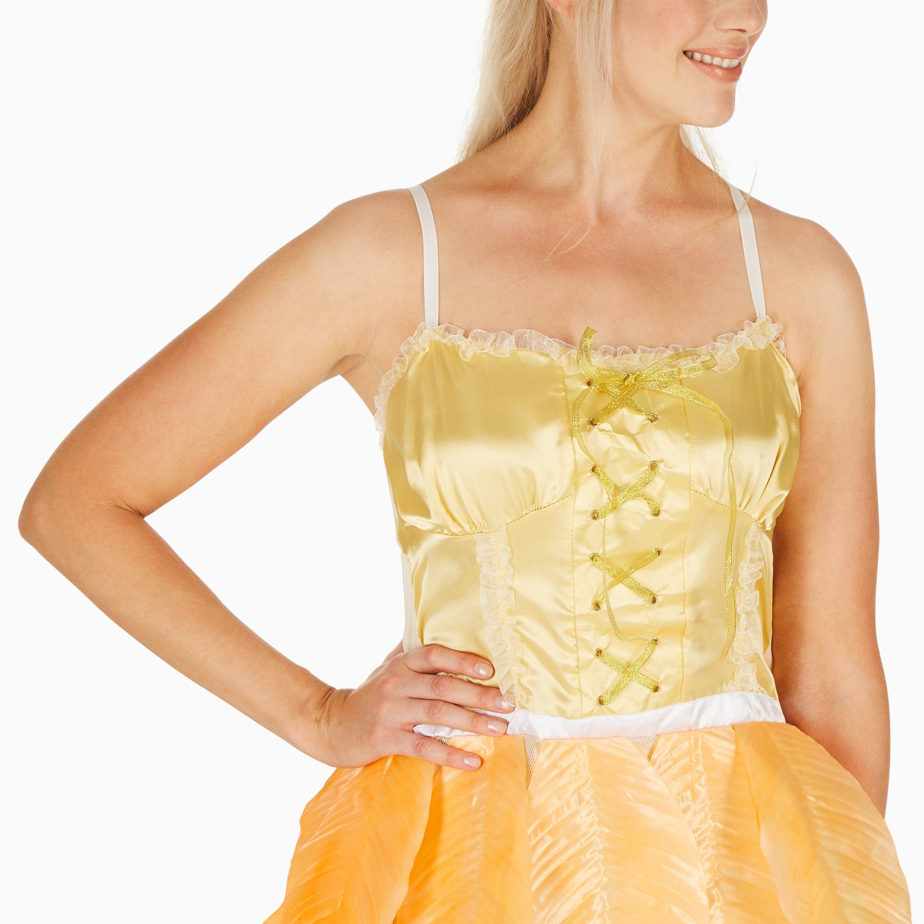 dressforfun Kostüm Elfe, auch Zauberfee, in gelb, Konfektionsgröße XXL, Kurzes Kleid, Korsagenlook, Angenähte Blätter am Unterteil, Zauberhafte Optik