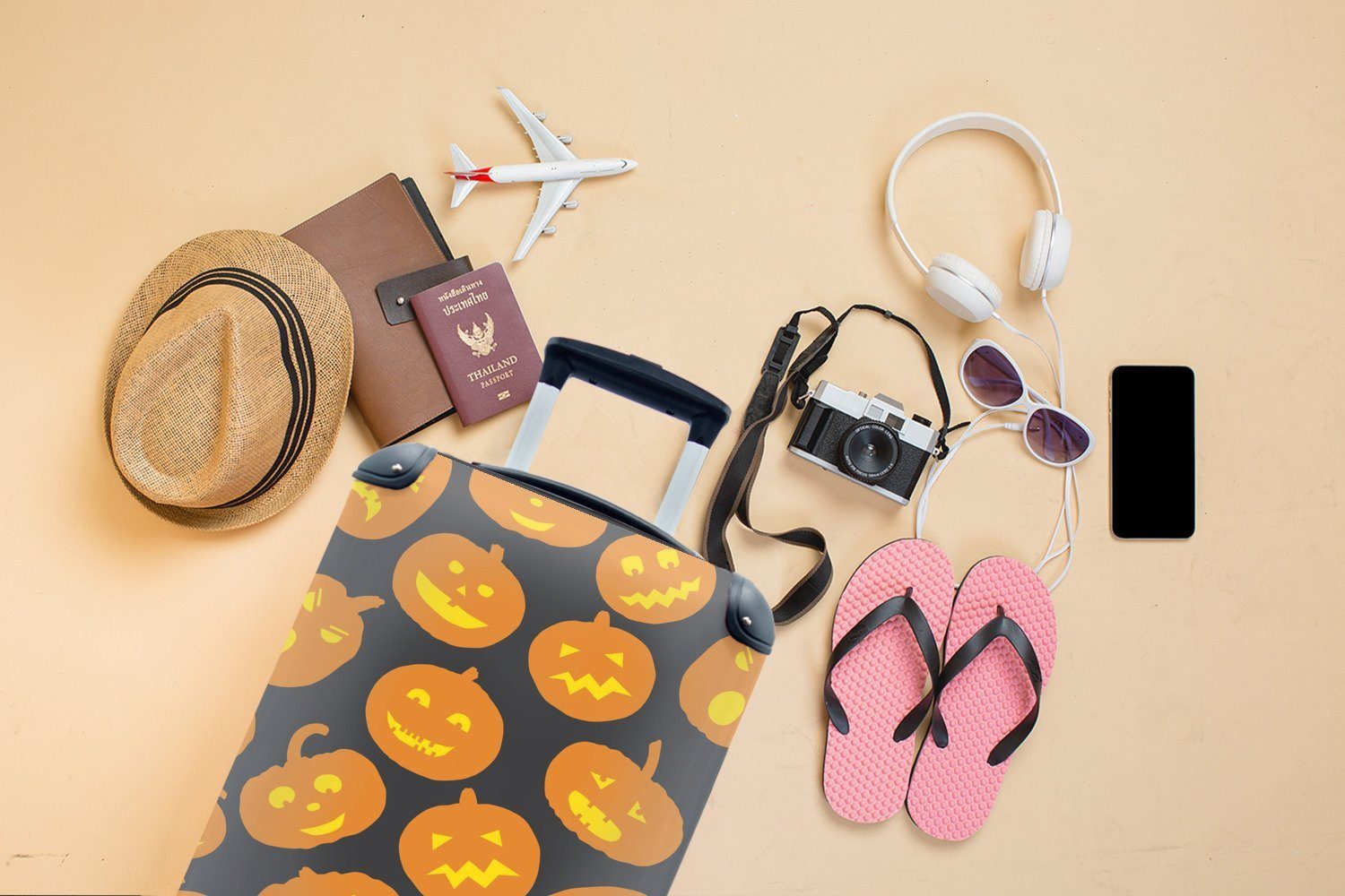 4 Reisetasche Halloween mit Handgepäck - - Rollen, rollen, für Trolley, Reisekoffer Handgepäckkoffer MuchoWow Kürbis Schnittmuster, Ferien,