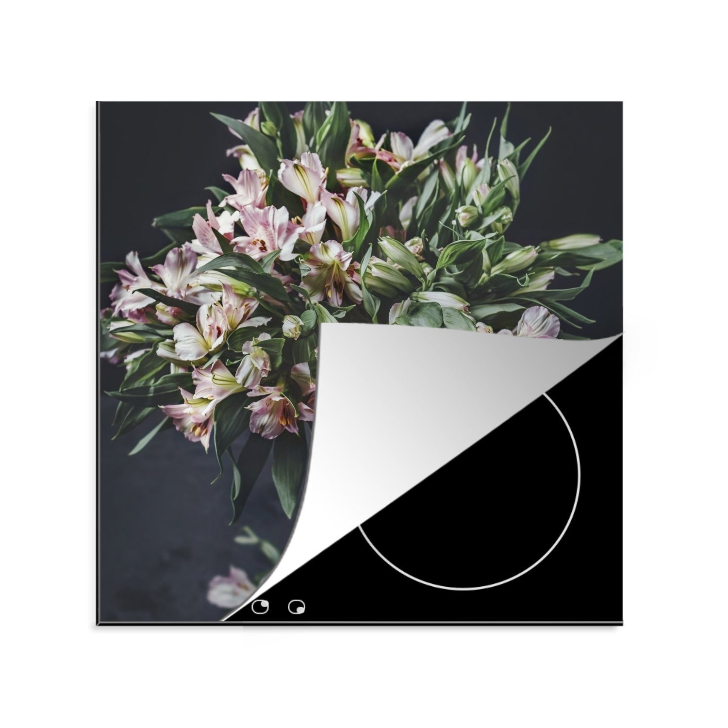 MuchoWow Herdblende-/Abdeckplatte Blumen - Vase - Schwarz, Vinyl, (1 tlg), 78x78 cm, Ceranfeldabdeckung, Arbeitsplatte für küche