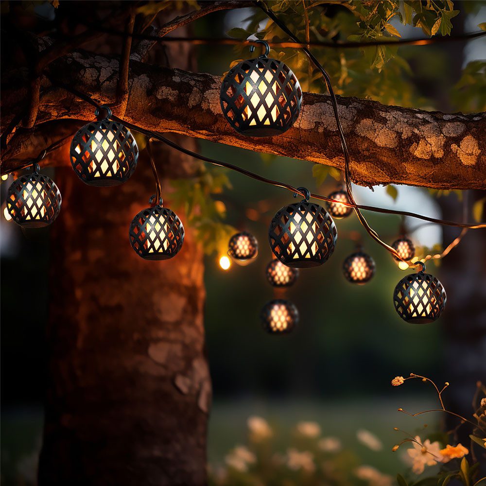 NOWA LED Dekolicht, LED-Leuchtmittel fest verbaut, Warmweiß, Solarlichterkette Außenlampe Gartendeko 16x LED Kugel Flammeneffekt