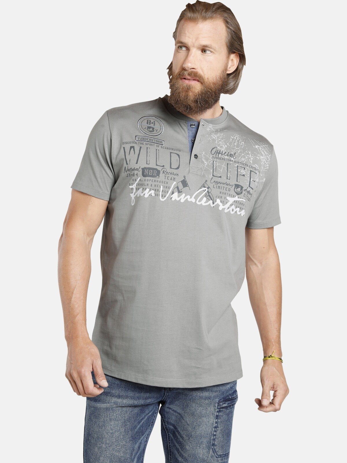 Jan Vanderstorm T-Shirt REIDAR Baumwollshirt mit Knopfleiste grau