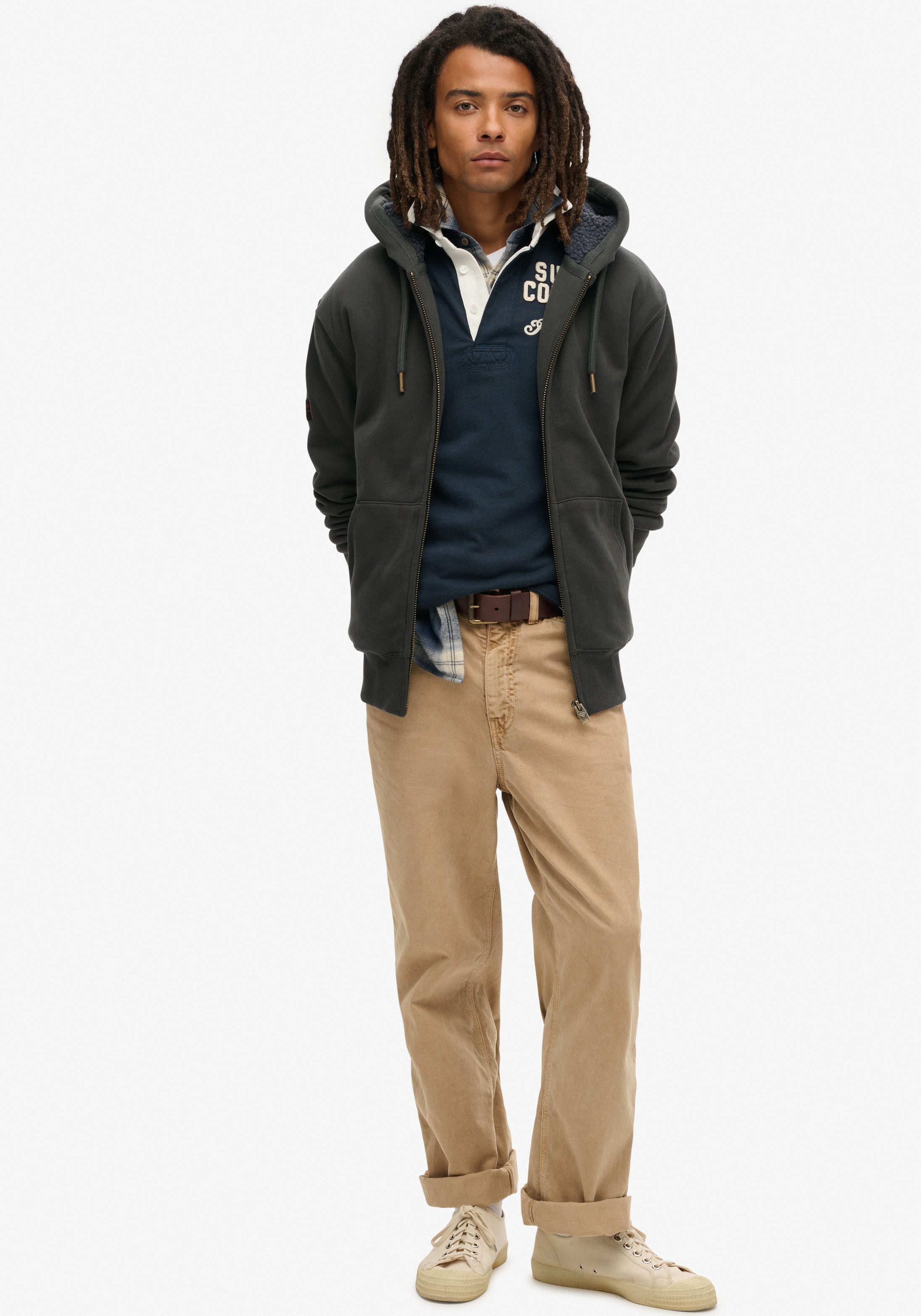 Superdry Kapuzensweatjacke Borg Lined Ziphood aus Baumwolle und Polyester, Slim Fit, mit Rippbündchen, hüftlang – Bild 3 von 5