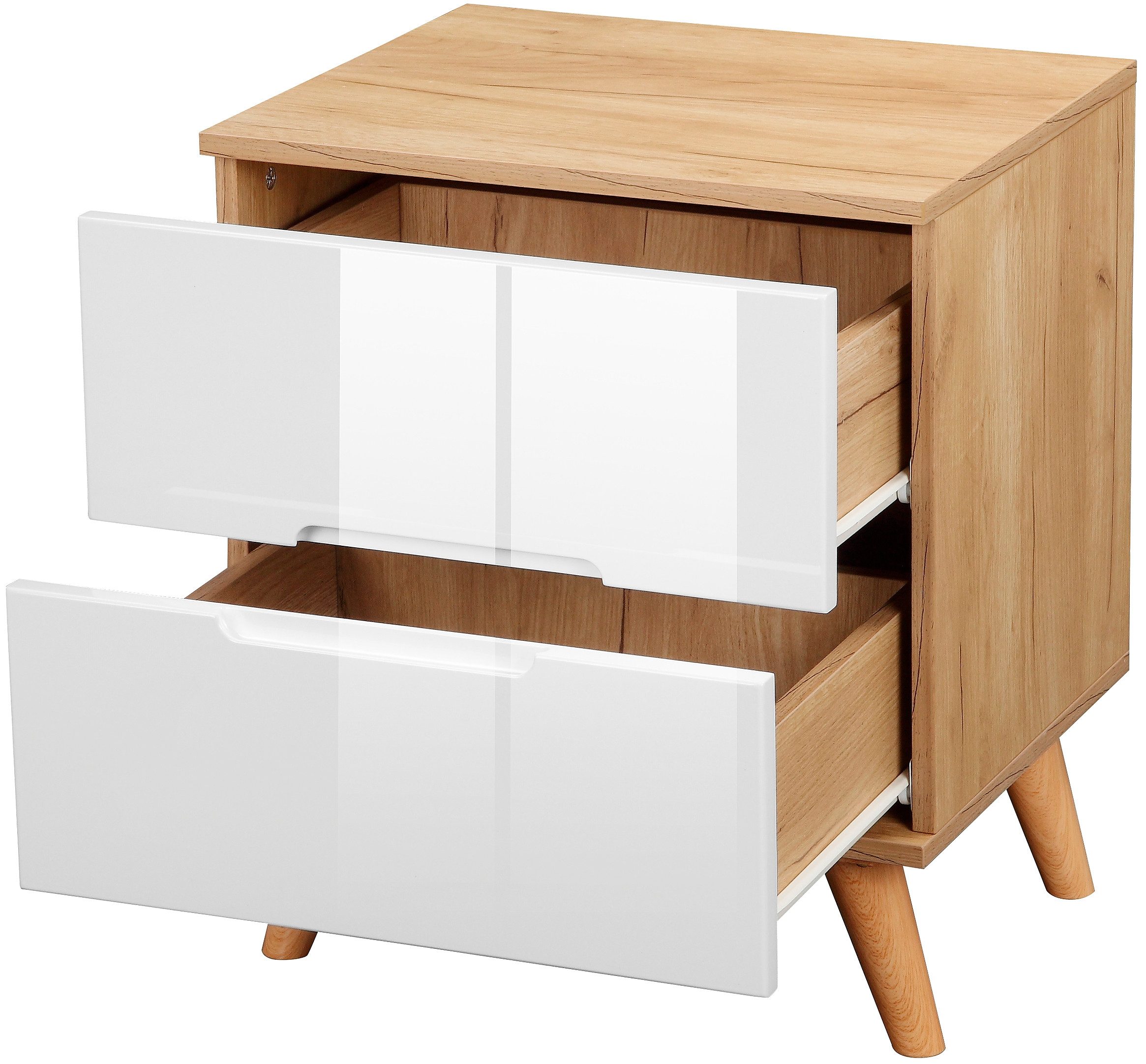 OTTO home Nachtschrank Lund Nachttisch Beistellschrank Kommode mit Hochglanzfronten Nachtkommode mit 2 Schubladen Bestseller im skandinavischem Design – Bild 5 von 5