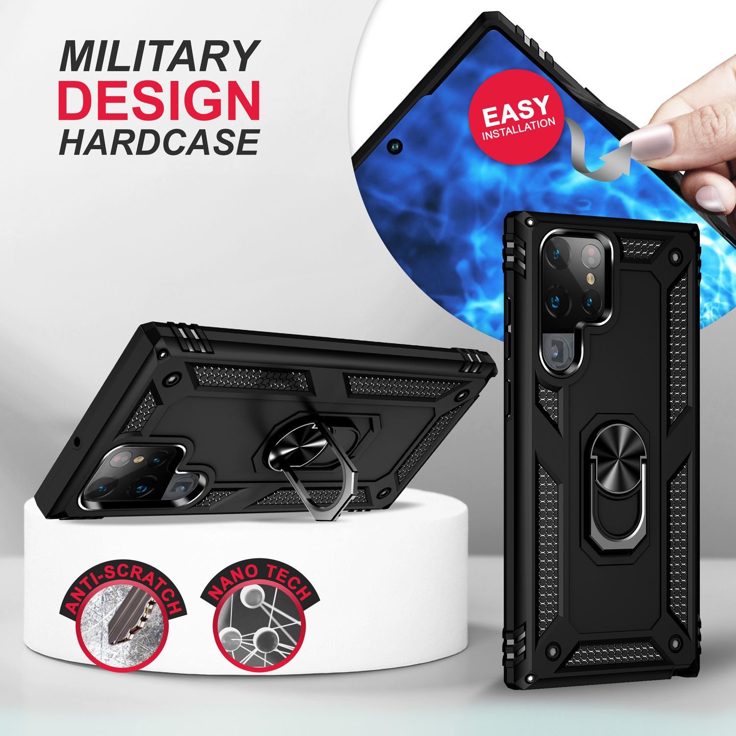 Nalia Smartphone-Hülle Samsung Galaxy S23 Ultra 17,3 cm (6,8 Zoll), Military-Style Ring Hülle / 2x Display- & Kameraschutz / Extrem Robust