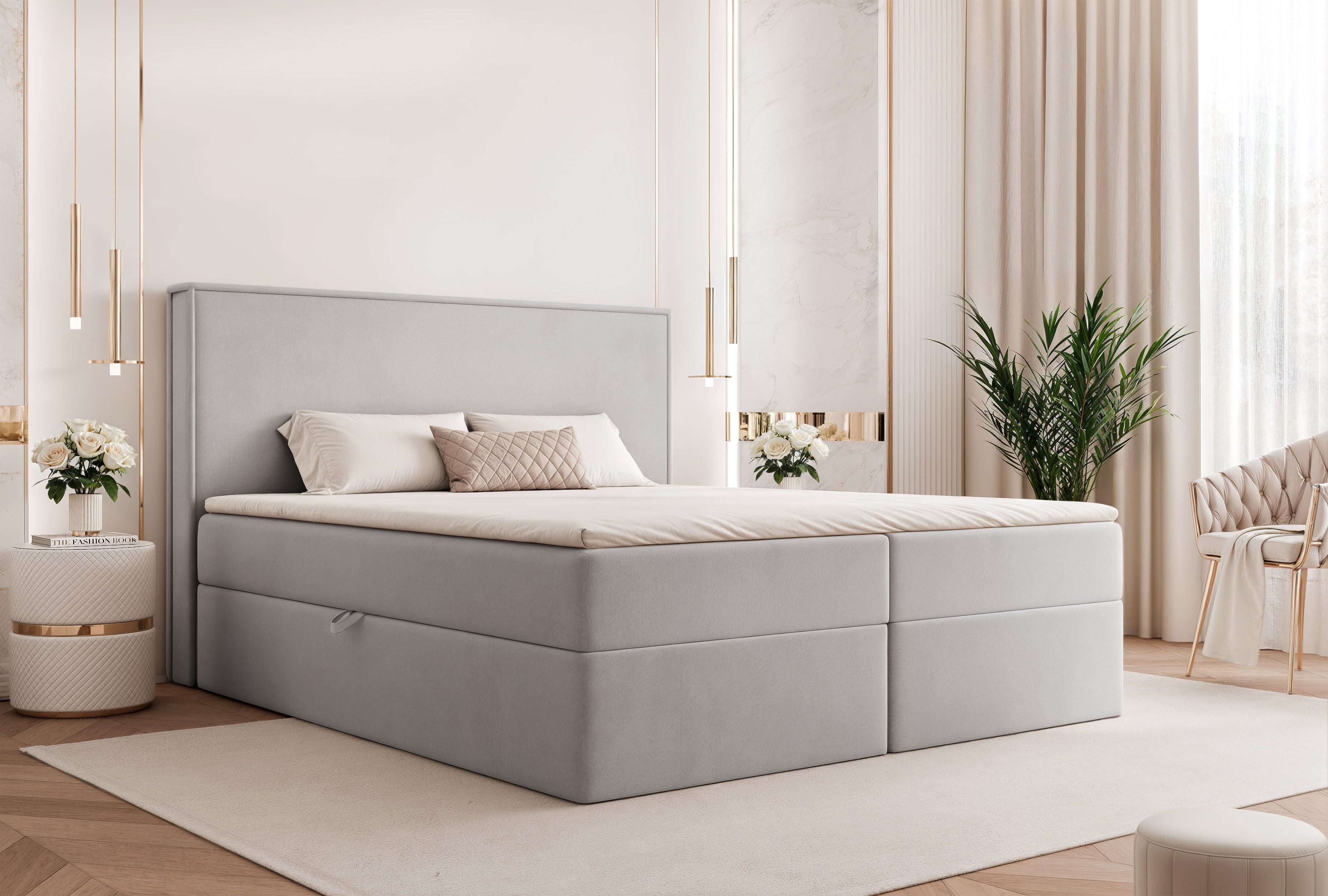 Goldstoff Boxspringbett Modernes Komfortbett "NORDIC DREAM" mit Stauraum & stilvollem Kopfteil (120–200x200 cm, Seitenhöhe: 54 cm), Komfortables Stauraumbett mit Bonellfederkern & Komforthöhe