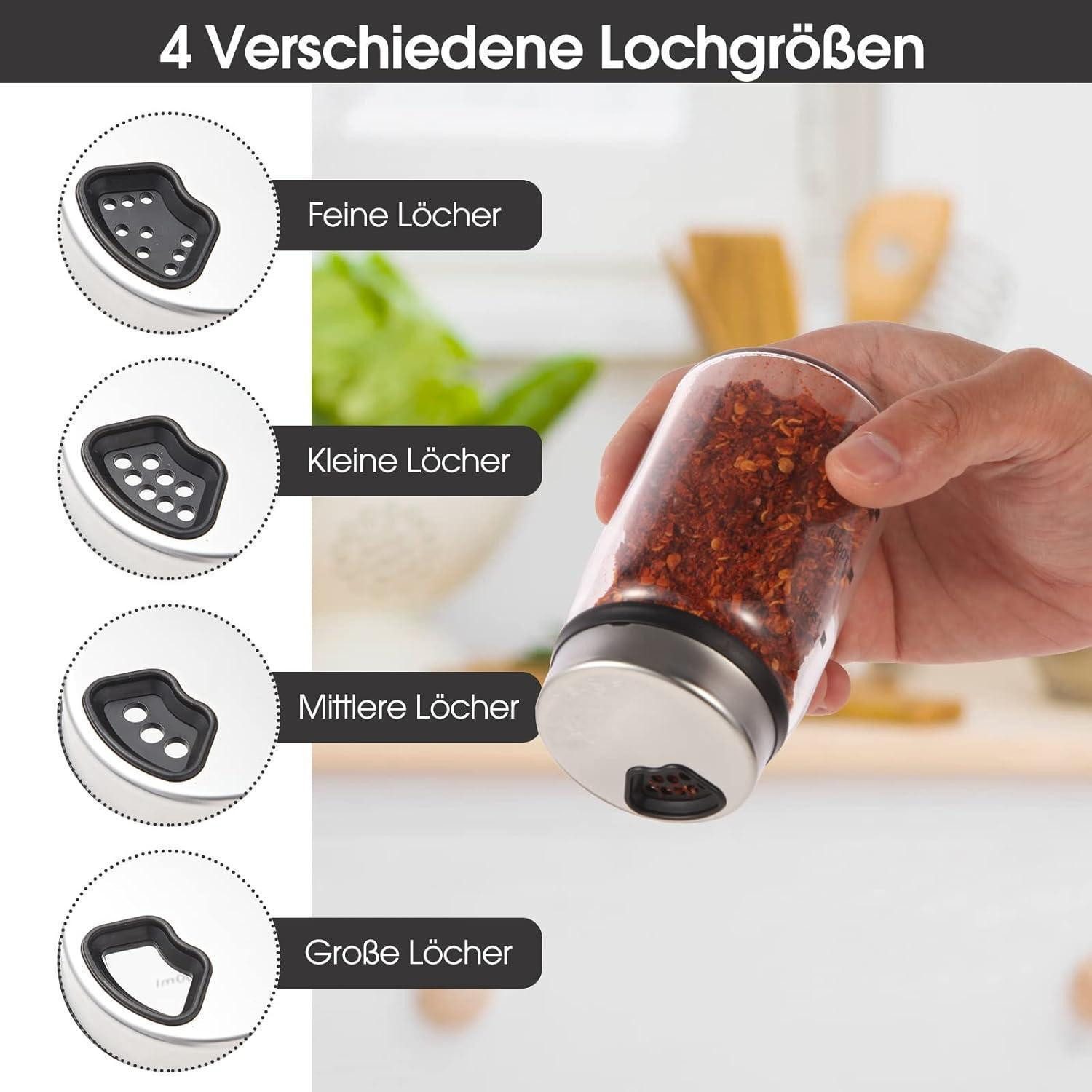 LuxusKollektion Salz- / Pfefferstreuer 2er Set Gewürzgläser Borosilikatglas Drehdeckel 150ml 4-Loch Design