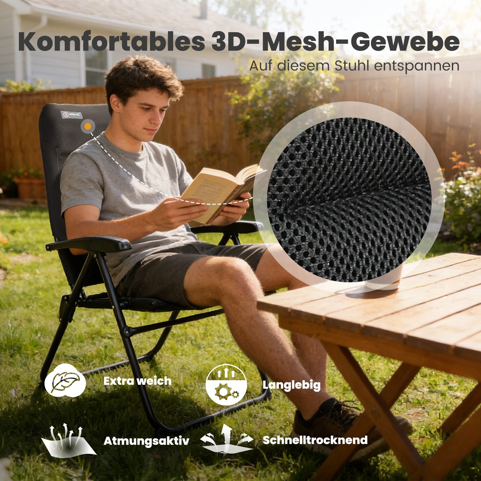 HOMECALL Gartenstuhl Hochlehner Campingstuhl Klappstühle Gepolstert Faltstuhl Balkonstuhl (Anglerstuhl, 1 St), mit 5-Fach Verstellbare lehne, für Camp Garten Ba – Bild 4 von 5