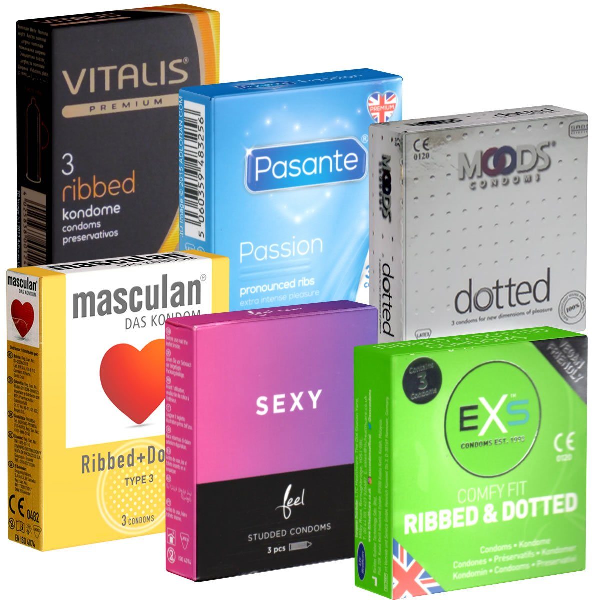 Kondomotheke Kondome Peaks & Valleys schneller Mix Probierset, mit Kondome SIXPACK, Rippen Kondome St., Kondome, 18 und stimulierende Packungen Orgasmus-Kondome zum Noppen, Kommen insgesamt, 6