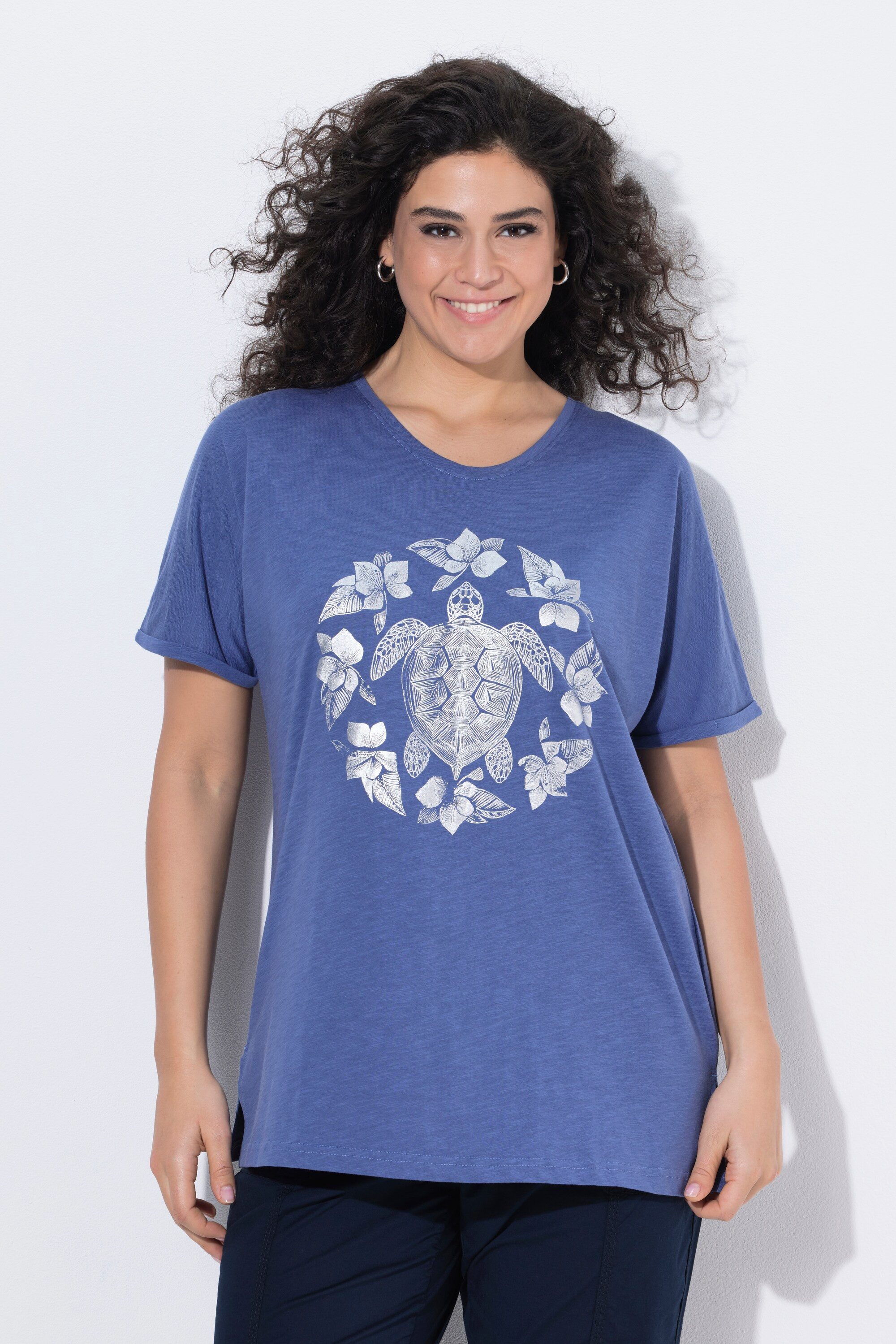 Ulla Popken T-Shirt T-Shirt Metallic-Tiermandala V-Ausschnitt Halbarm