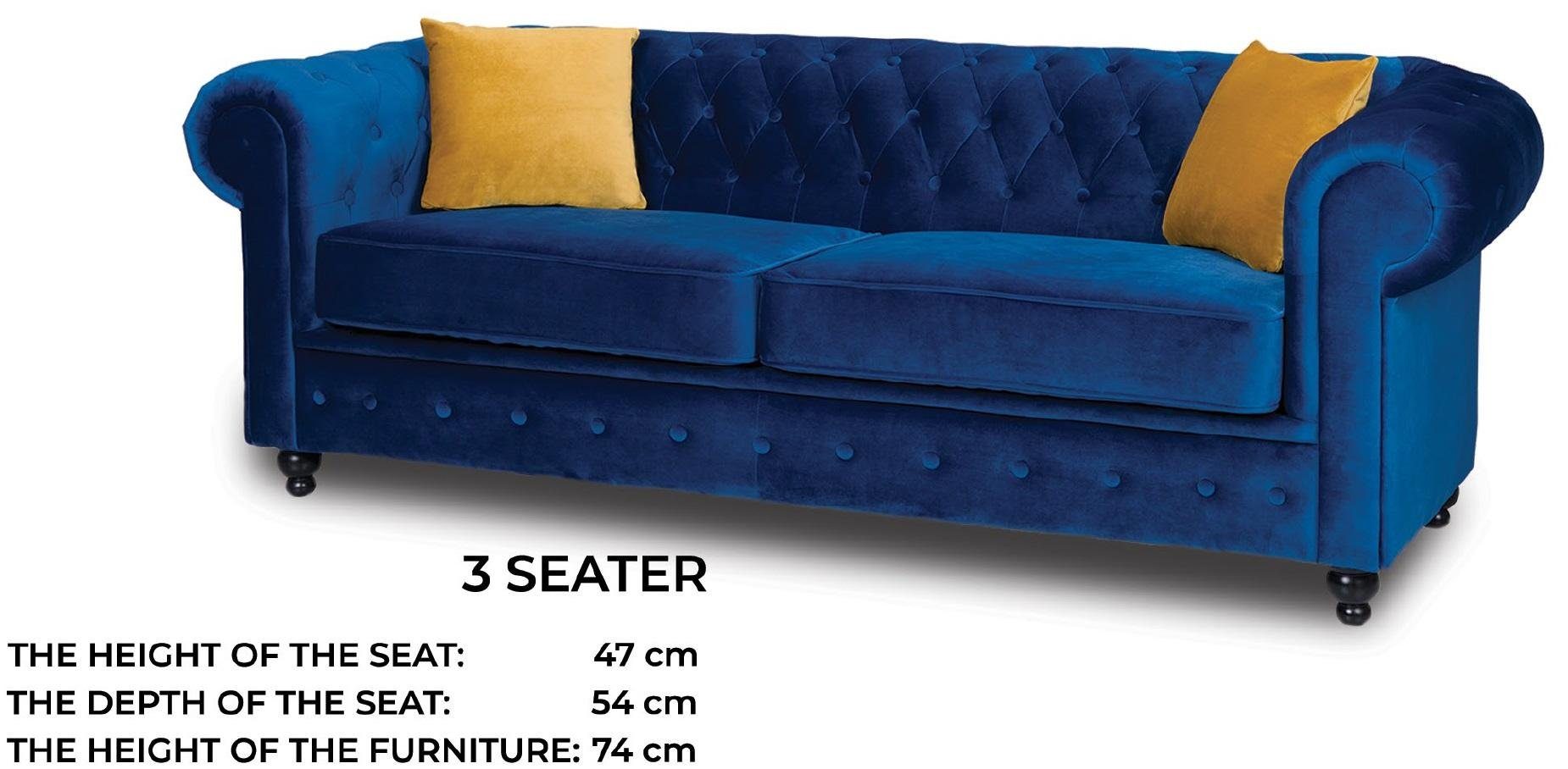 JVmoebel Sofa Blauer Polster Neu, Chesterfield Dreisitzer Sofa in Blau Made Europe