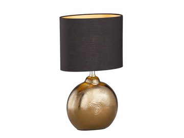 meineWunschleuchte LED Nachttischlampe, LED wechselbar, Warmweiß, Lampen-Fuß Keramik Bronze, Lampenschirm oval Schwarz Gold, 39cm klein