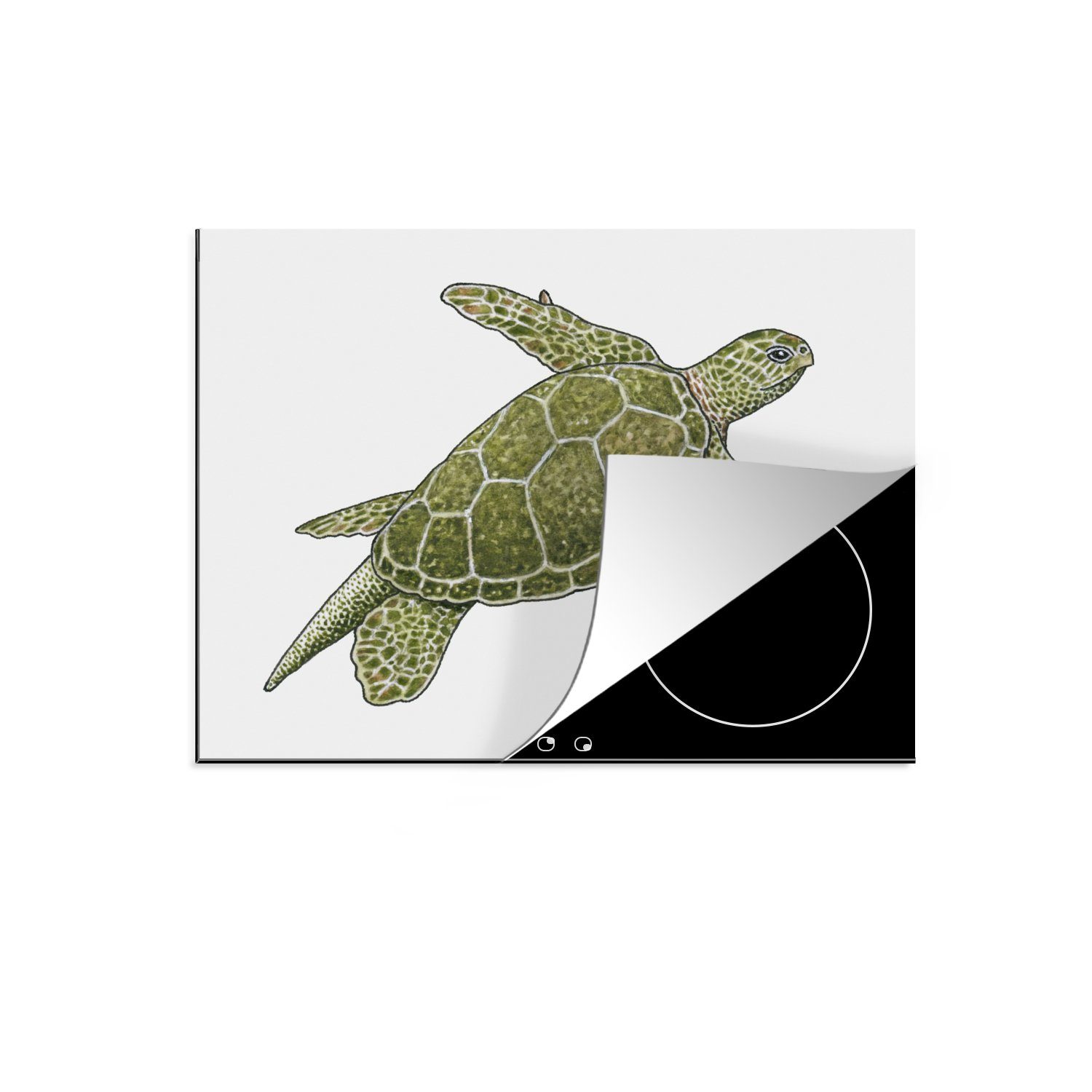 MuchoWow Herdblende-/Abdeckplatte Illustration einer grünen Schildkröte, Vinyl, (1 tlg), 60x52 cm, Mobile Arbeitsfläche nutzbar, Ceranfeldabdeckung