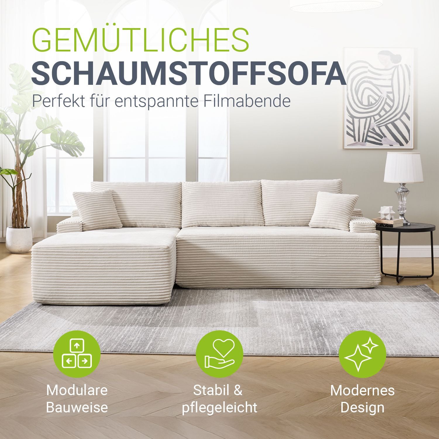 Juskys Ecksofa Coredo, Ecksofa, mit Rücken- & Dekokissen, Cordbezug, Modula günstig online kaufen