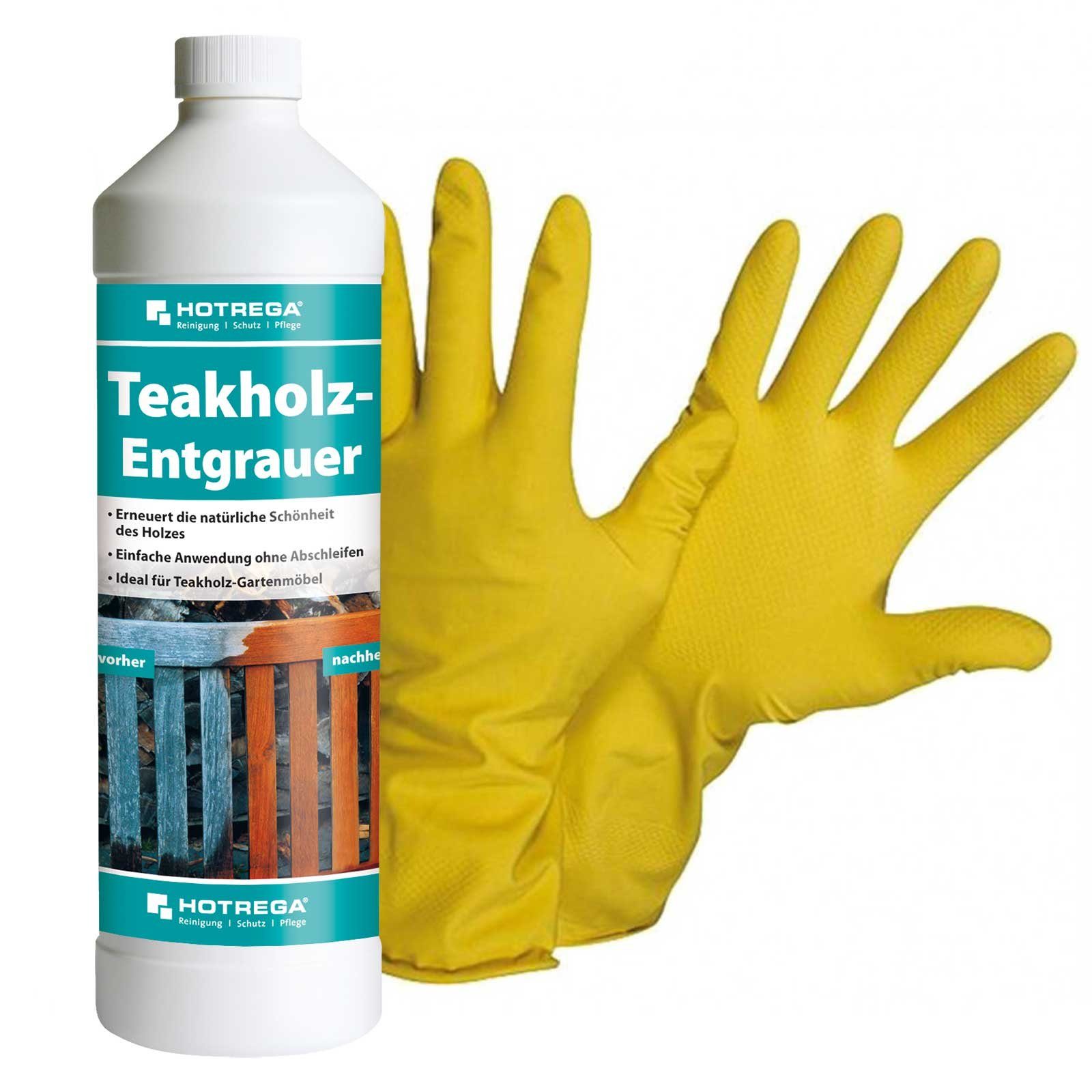 HOTREGA® Teakholz Entgrauer Teak Hartholz entgrauen pflegen 1L inkl Handschuhe Pflegeset