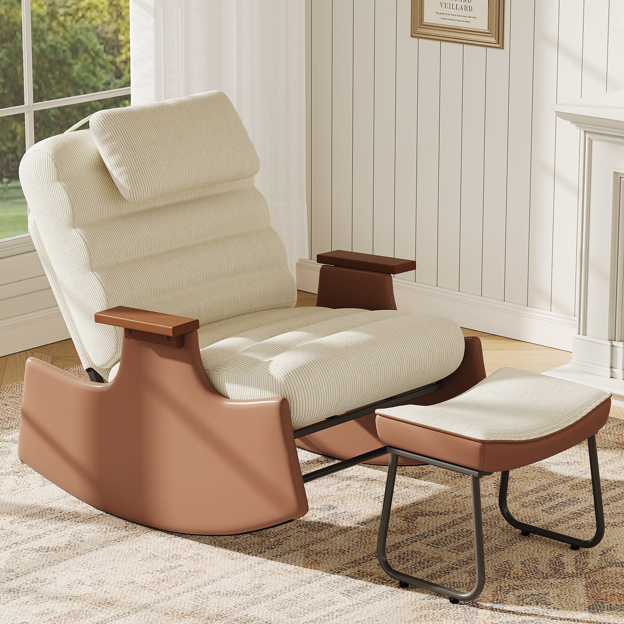 FUROKOY Schaukelstuhl Relaxsessel 3-stufia verstellbare Rückenlehne (Set, 1 St), Wohnzimmersessel mit Armlehnen und Hocker Cord,Beige,62x52x81cm