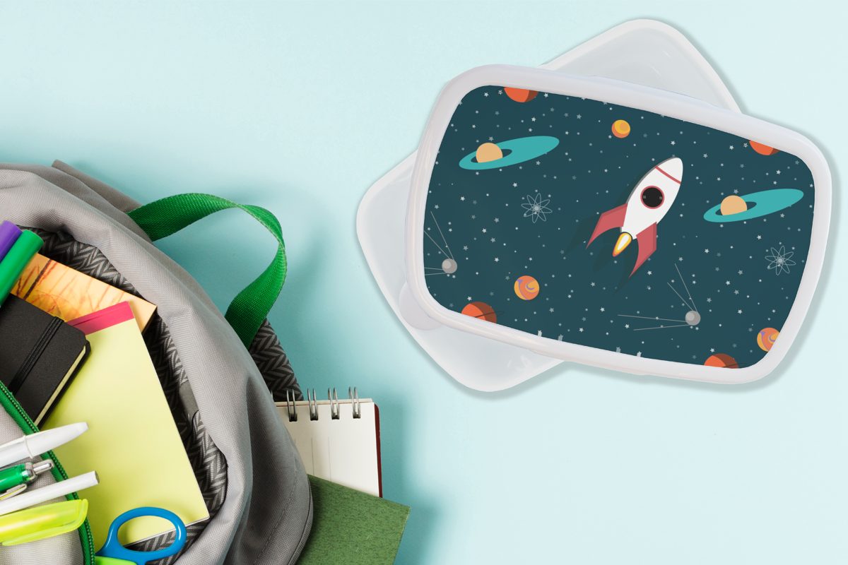 Kinder Brotbox Rakete Design, MuchoWow - Weltraum weiß für und Erwachsene, Jungs Mädchen - Kunststoff, Kinder (2-tlg), - für und Brotdose, Lunchbox