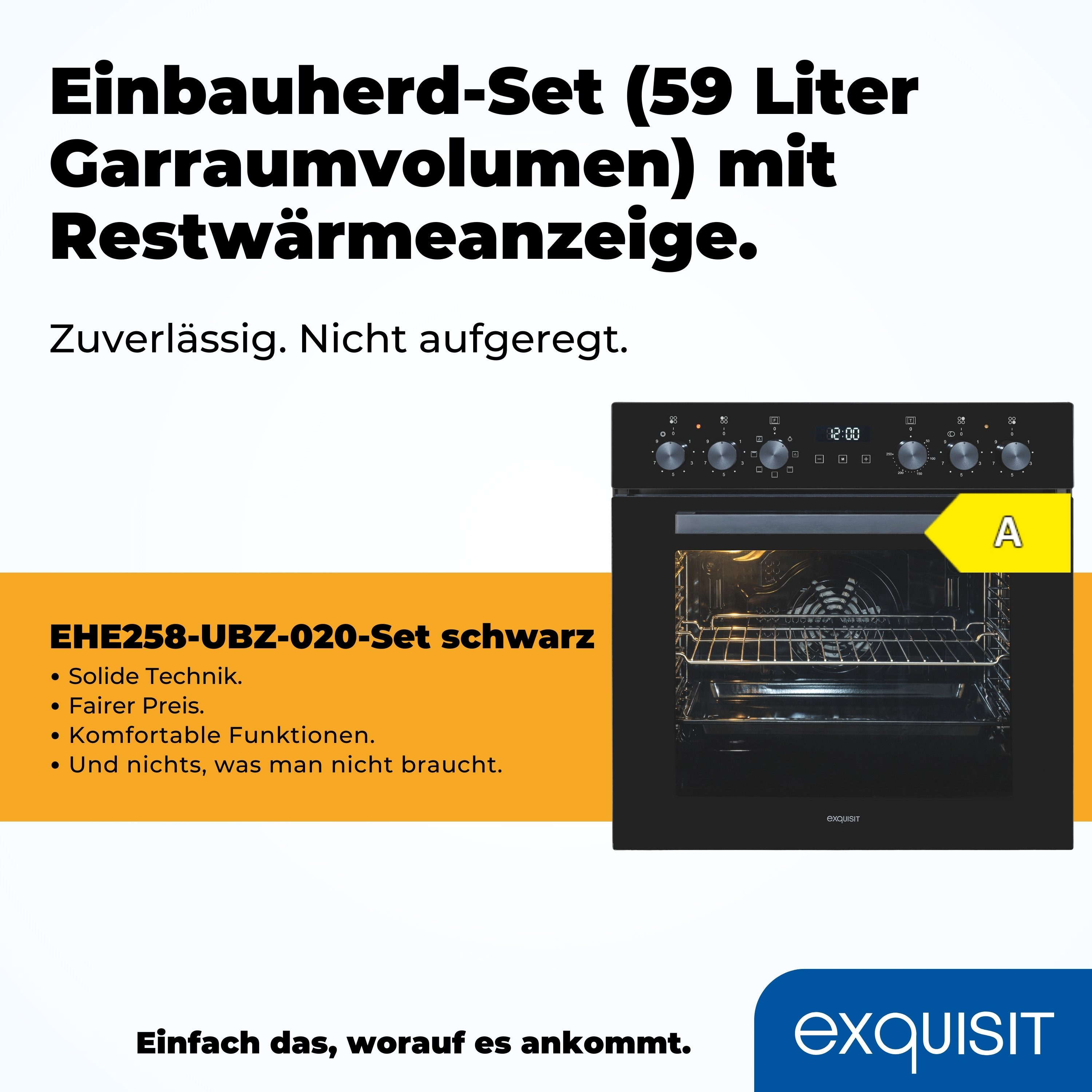 exquisit Backofen-Set EHE258-UBZ-020-Set schwarz, Vielseitiger Grill und 4-Zonen-Glaskeramikkochfeld – einfach & sicher!