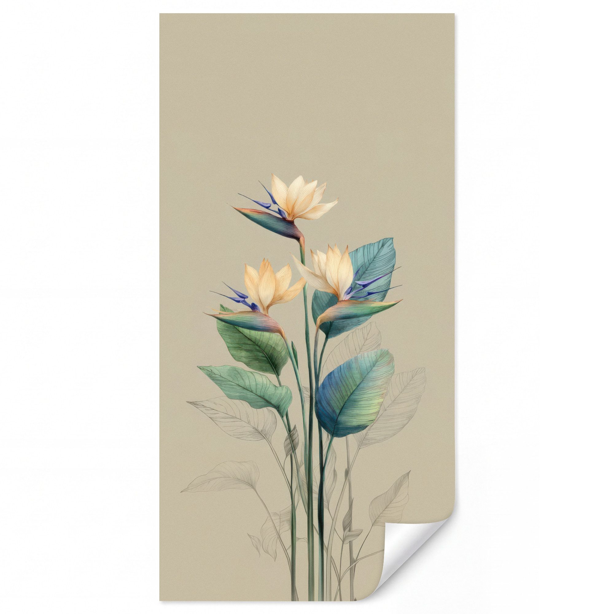 OnlyWow Fototapete Paradiesvogelblüten - Blaugrüne Blätter - Beige, Matt, bedruckt, Wandtapete, Schlafzimmer, Wanddekoration 100x220cm