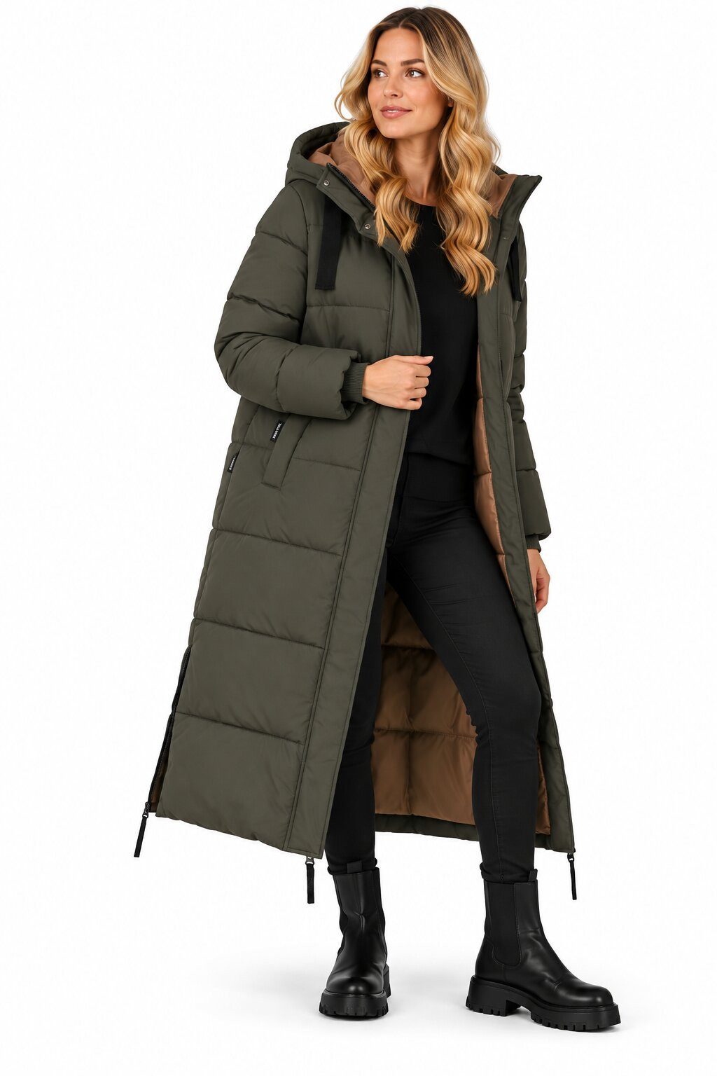 SUBLEVEL Steppmantel Damen langer Wintermantel Jacke mit Kapuze seitlicher Reissverschluss Perfekte Passform Hochwertige Verarbeitung, extra lang