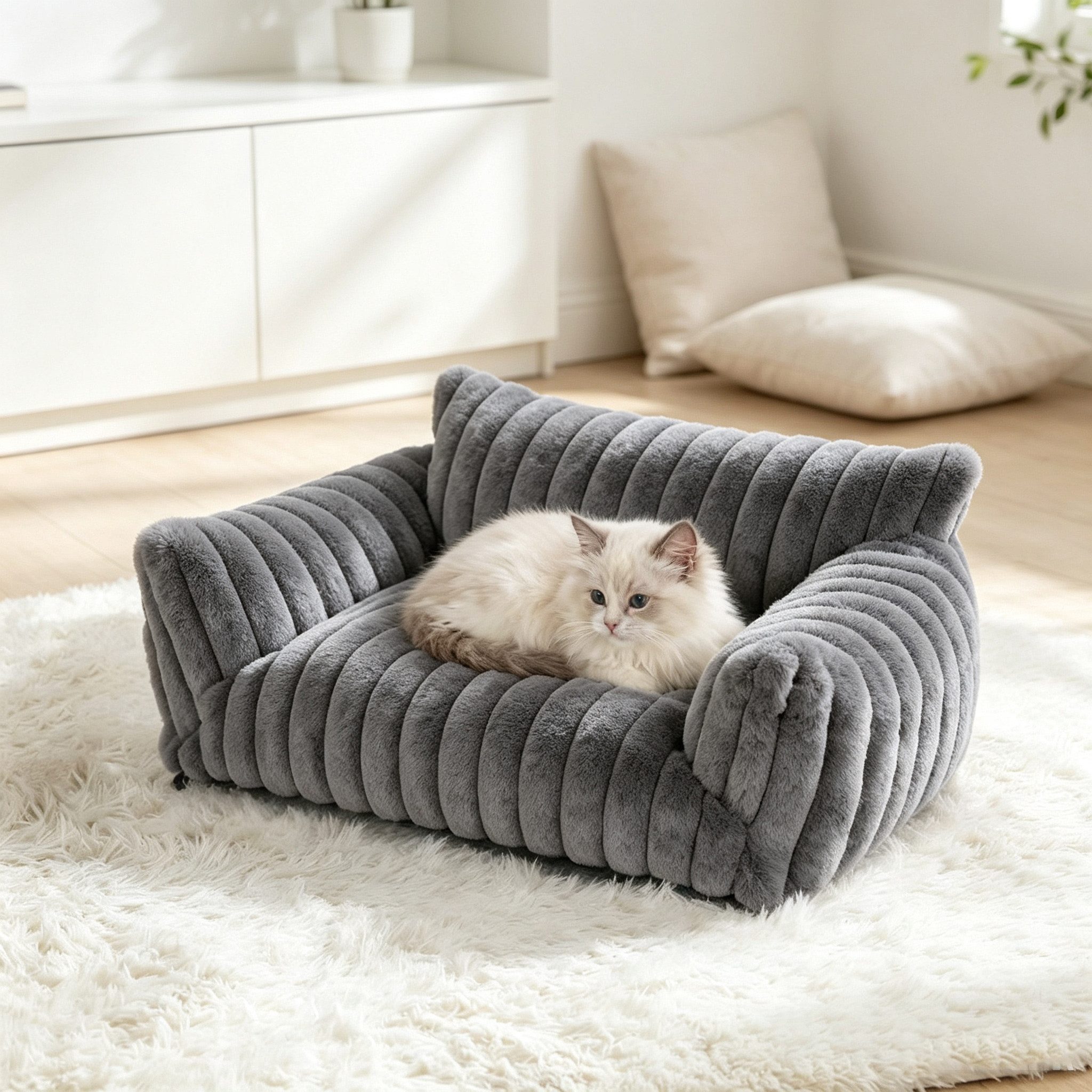 Rywell Tierbett Katzenbett weich Haustiersofa für Katzen, hundebett waschbar, Grau, Kaninchenfellimitat & PP-Baumwolle, Kaninchenfellimitat & PP-Baumwolle, dauerhaft, 61*46*25 cm