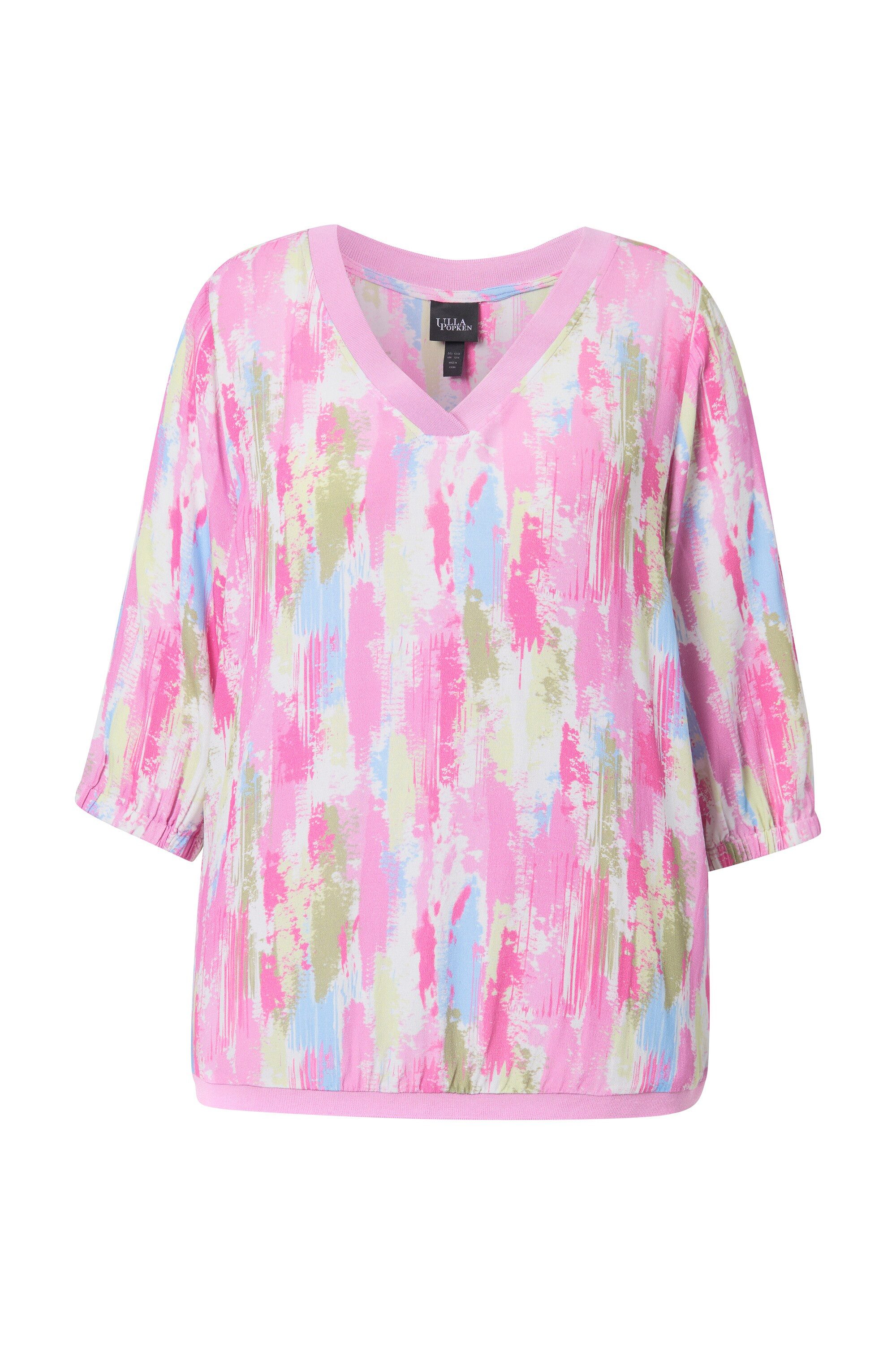 Ulla Popken Druckbluse Bluse Krepp Rippsaum V-Ausschnitt 3/4-Arm günstig online kaufen
