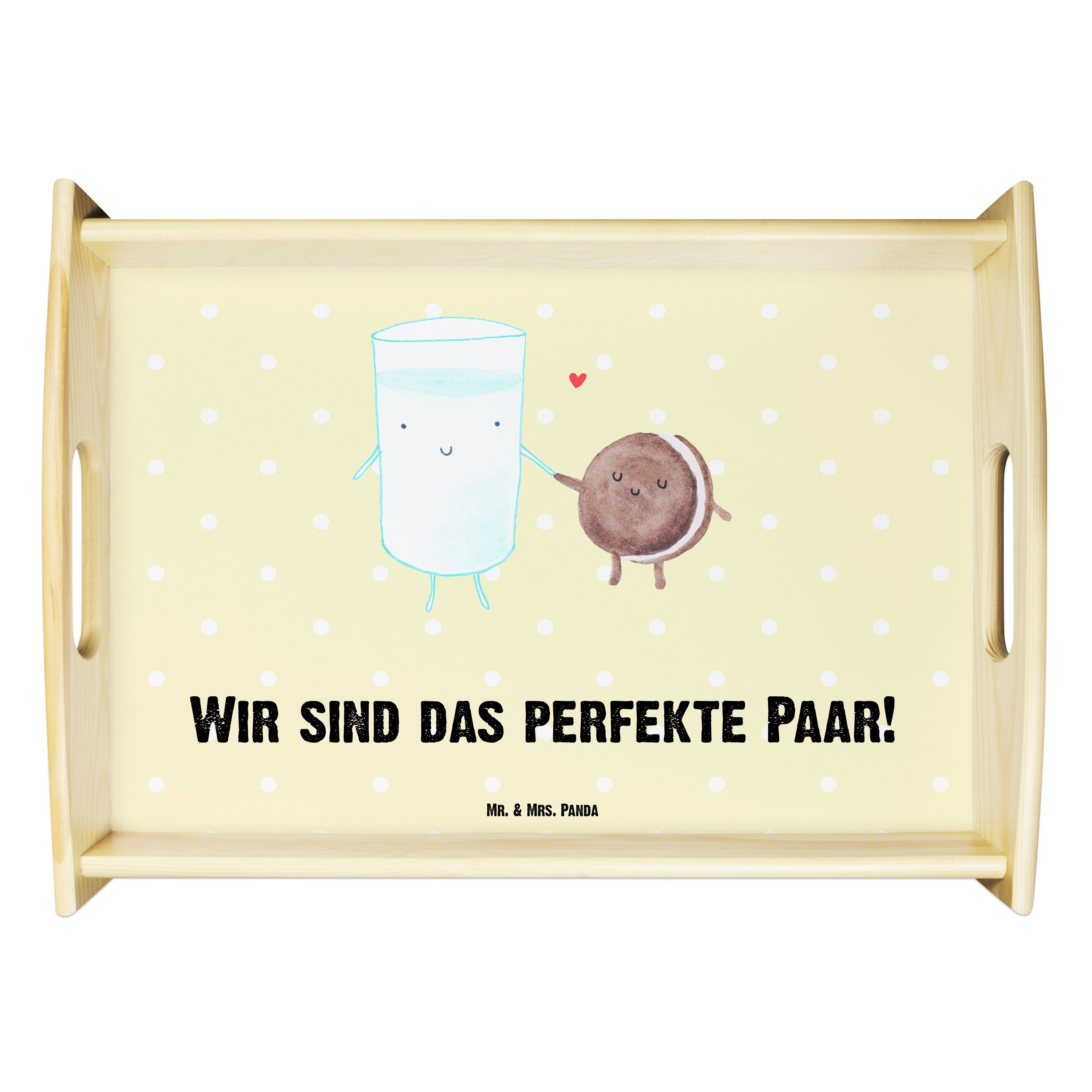 Mr. & Mrs. Panda Tablett Milch & Keks - Gelb Pastell - Geschenk, romantisch, Milk, Tiere, Deko, Echtholz lasiert, (1-tlg)