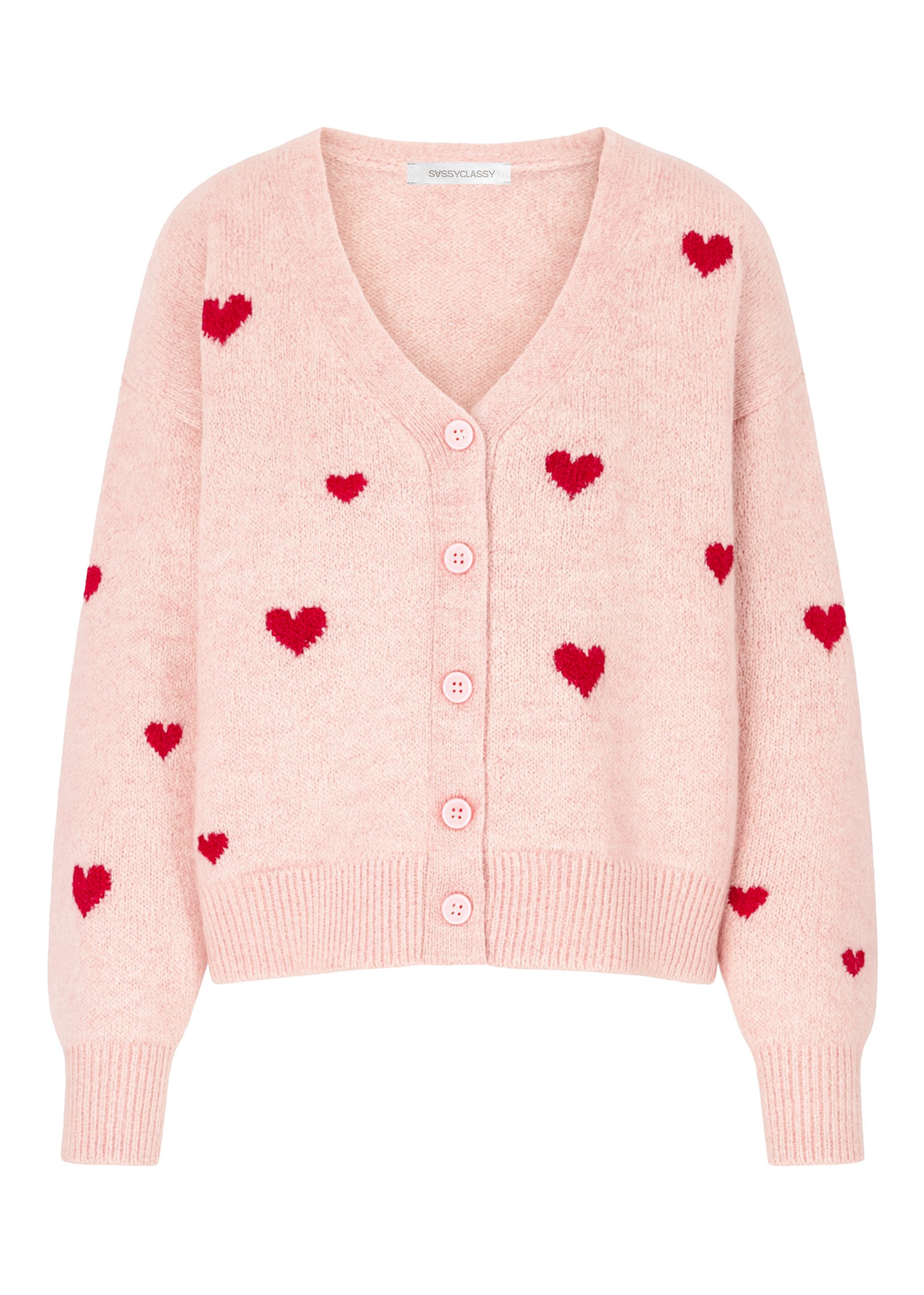 SASSYCLASSY Cardigan Cardigan mit roten Herzen für Damen Weiche Strickjacke mit V-Ausschnitt und Knopfleiste Offwhite Rosa