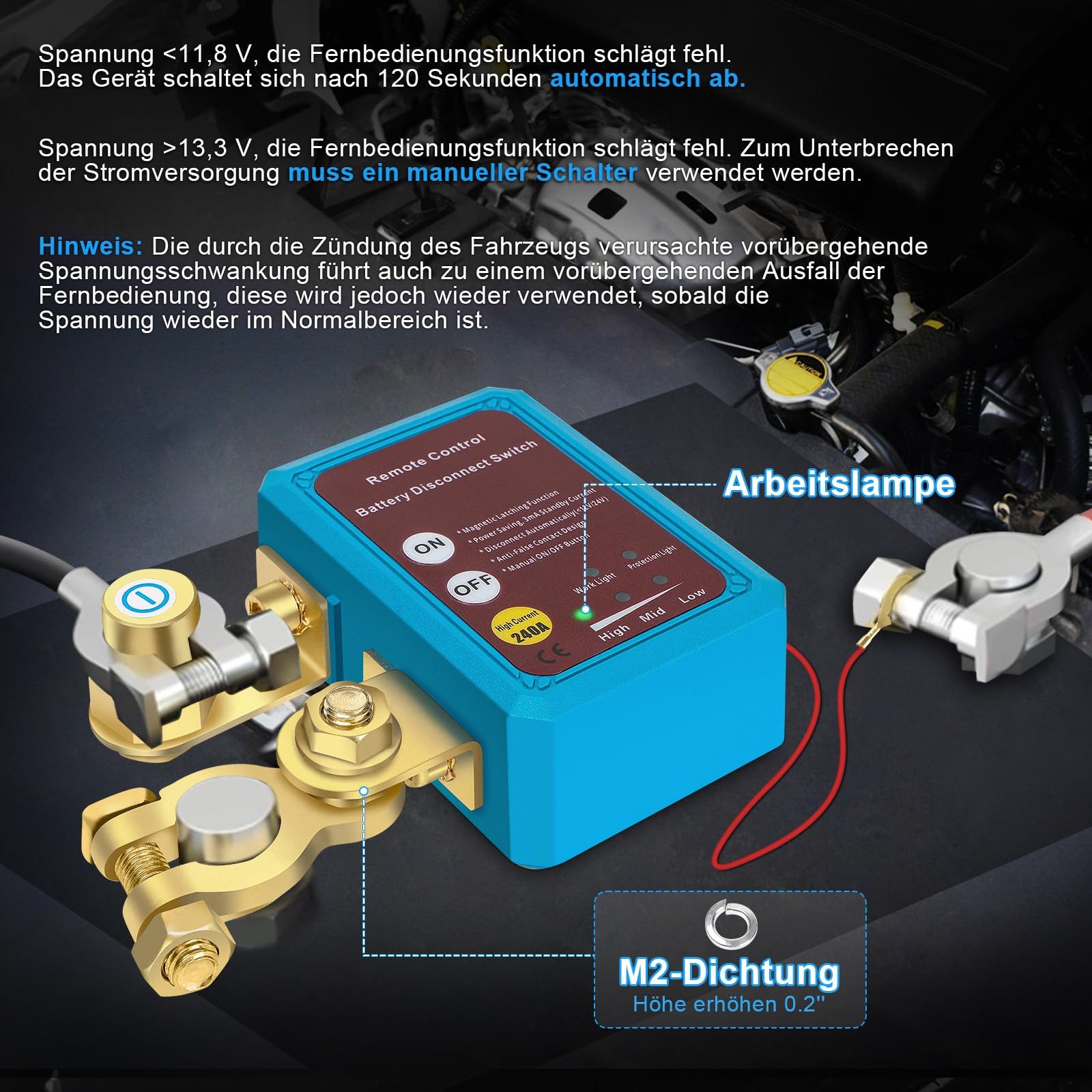 QUBEBU Automatic Car Battery Disconnect Switch with Remote Control Car Battery Charger (Manual Operation and Remote Control; Item Size: 85 * 60 * 36mm)