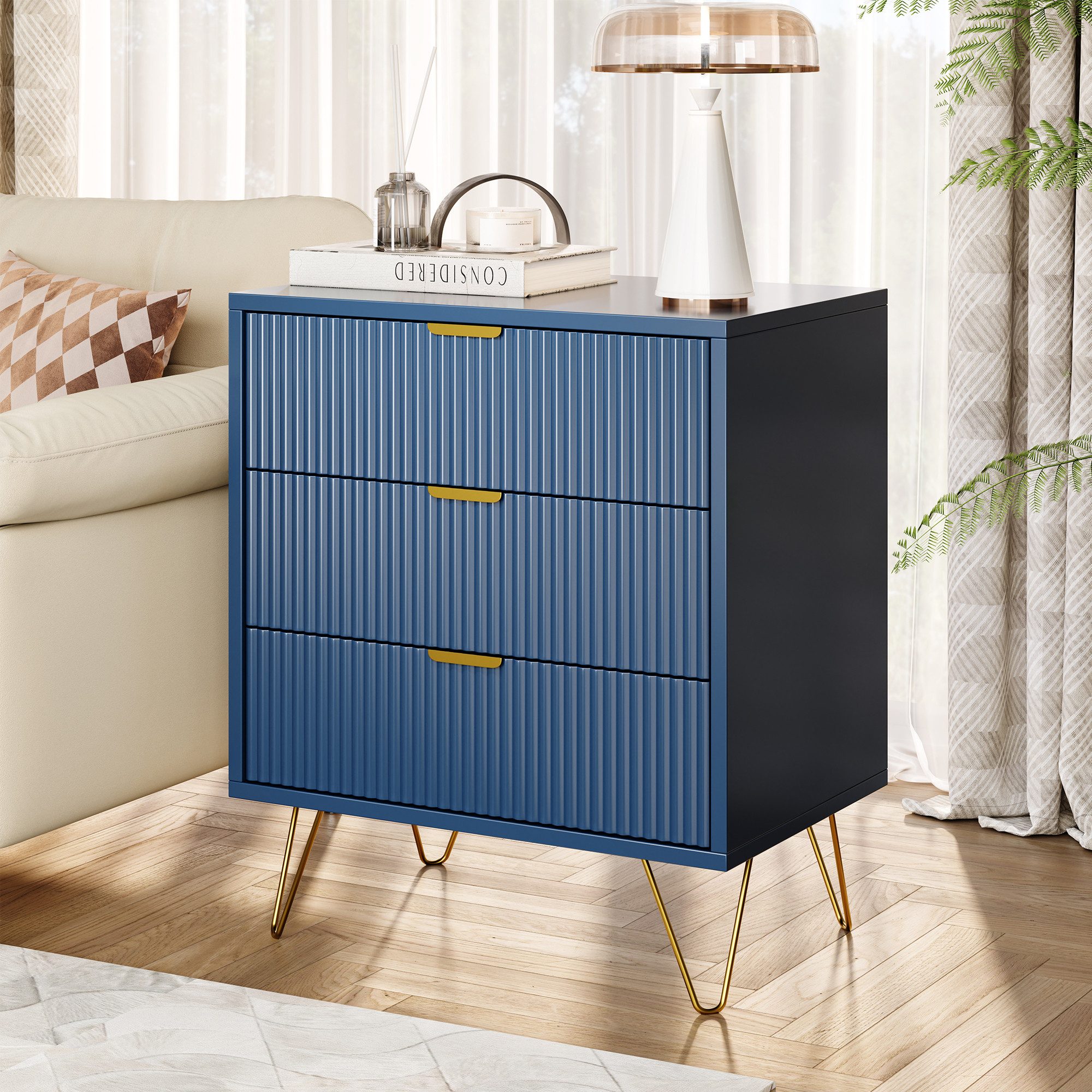 FUROKOY Nachttisch 2er set Nachtschrank mit Schubladen, Beistelltisch mit Metallbeine (Sofatisch Beistelltisch mit Metallgriffe, Dunkelblau), Schubladenschrank für Schlafzimmer Flur Wohnzimmer, 60 x 40 x 70 cm